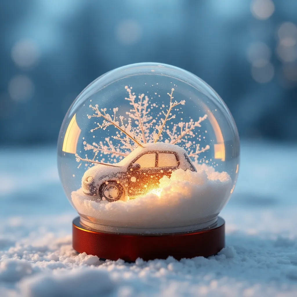 A snow globe with a car inside winter scene.