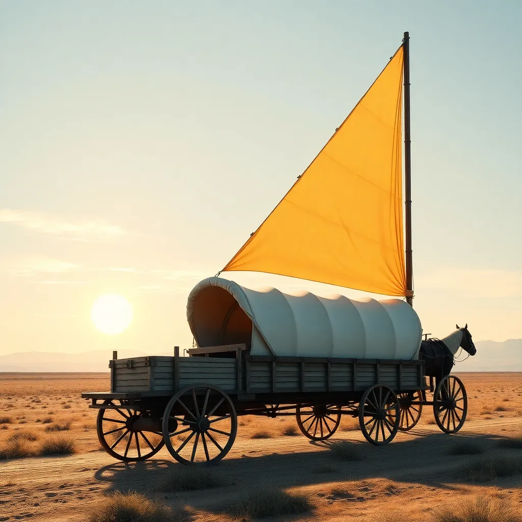 A horse-drawn wagon with a colorful sail.