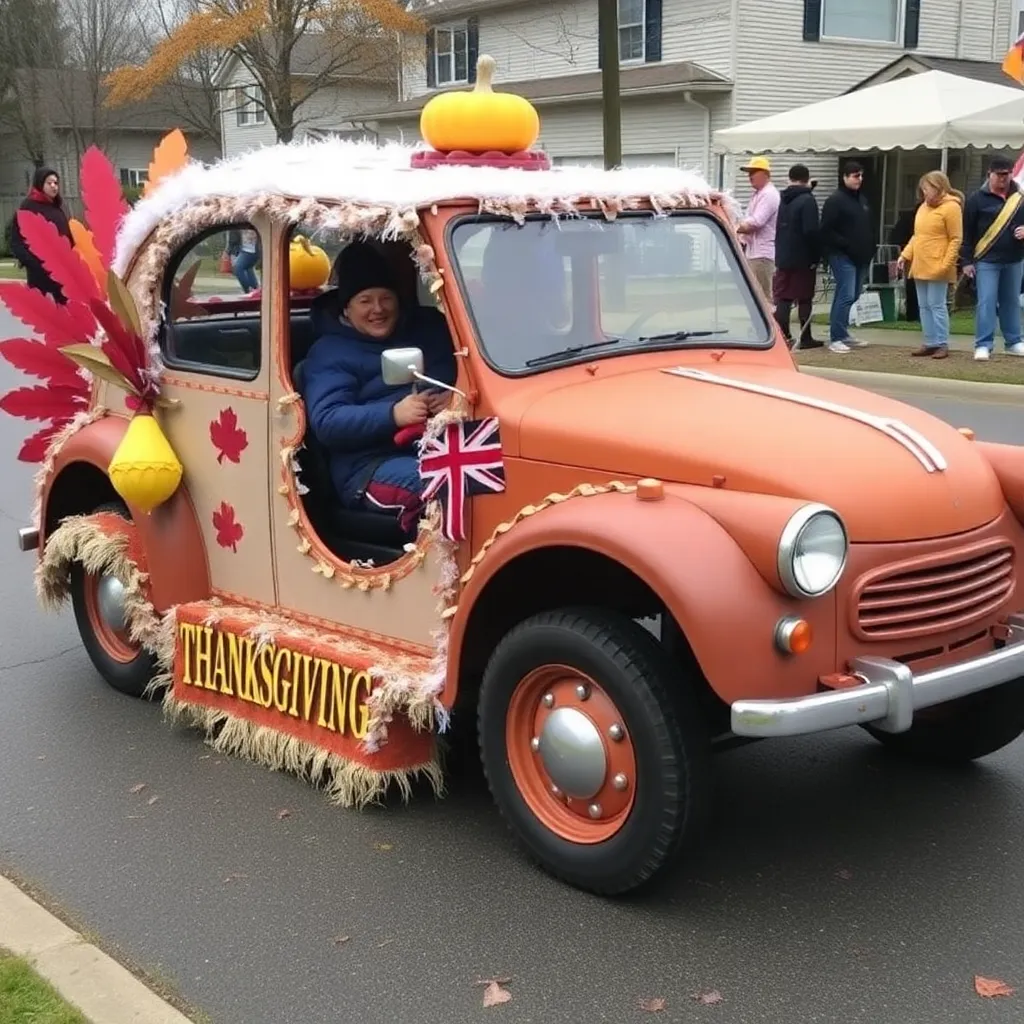 A vintage car decorated with colorful ornaments.