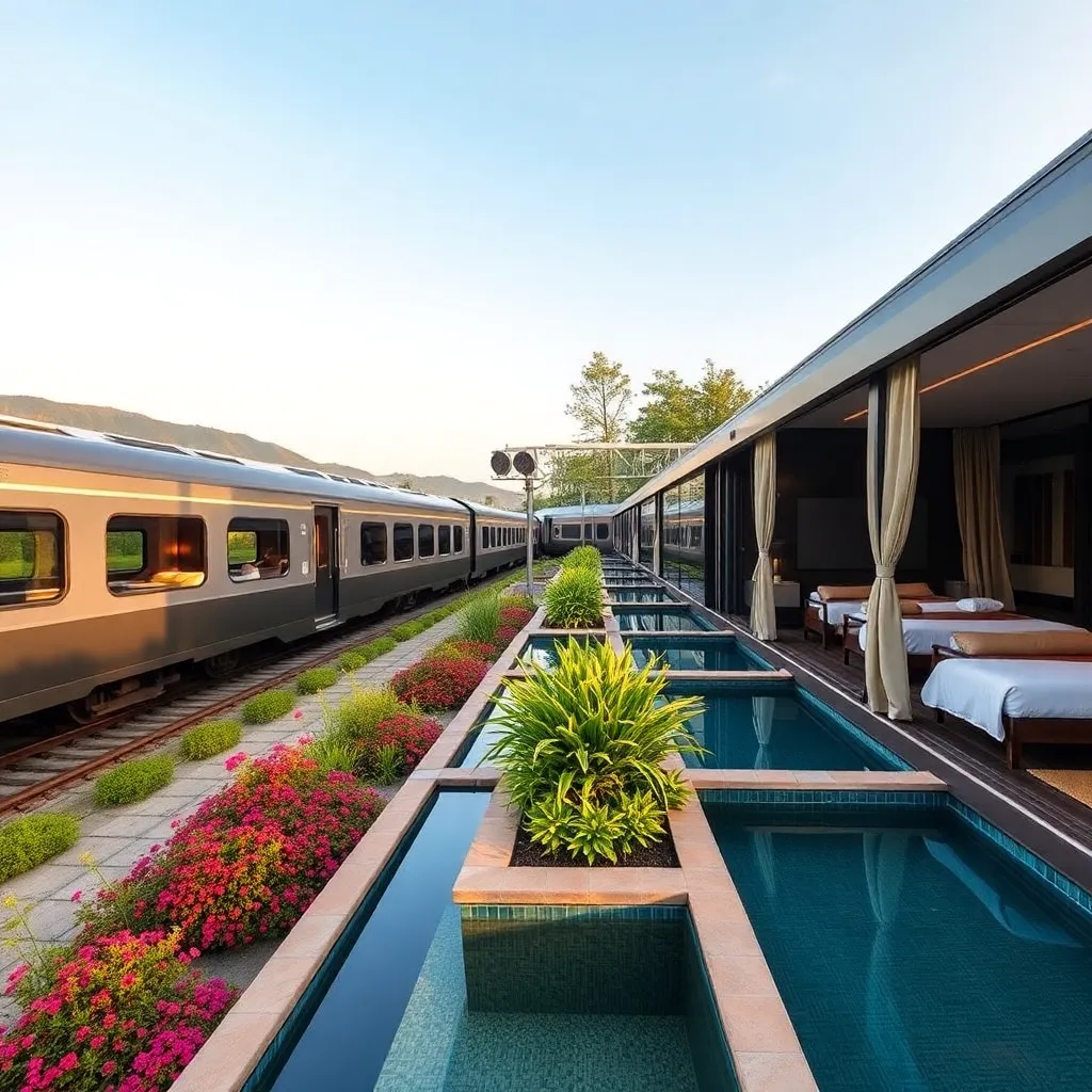 A luxury train with infinity pools overlooking a beautiful landscape.