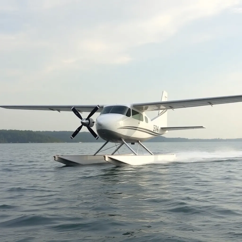 A seaplane taking off from a lake.