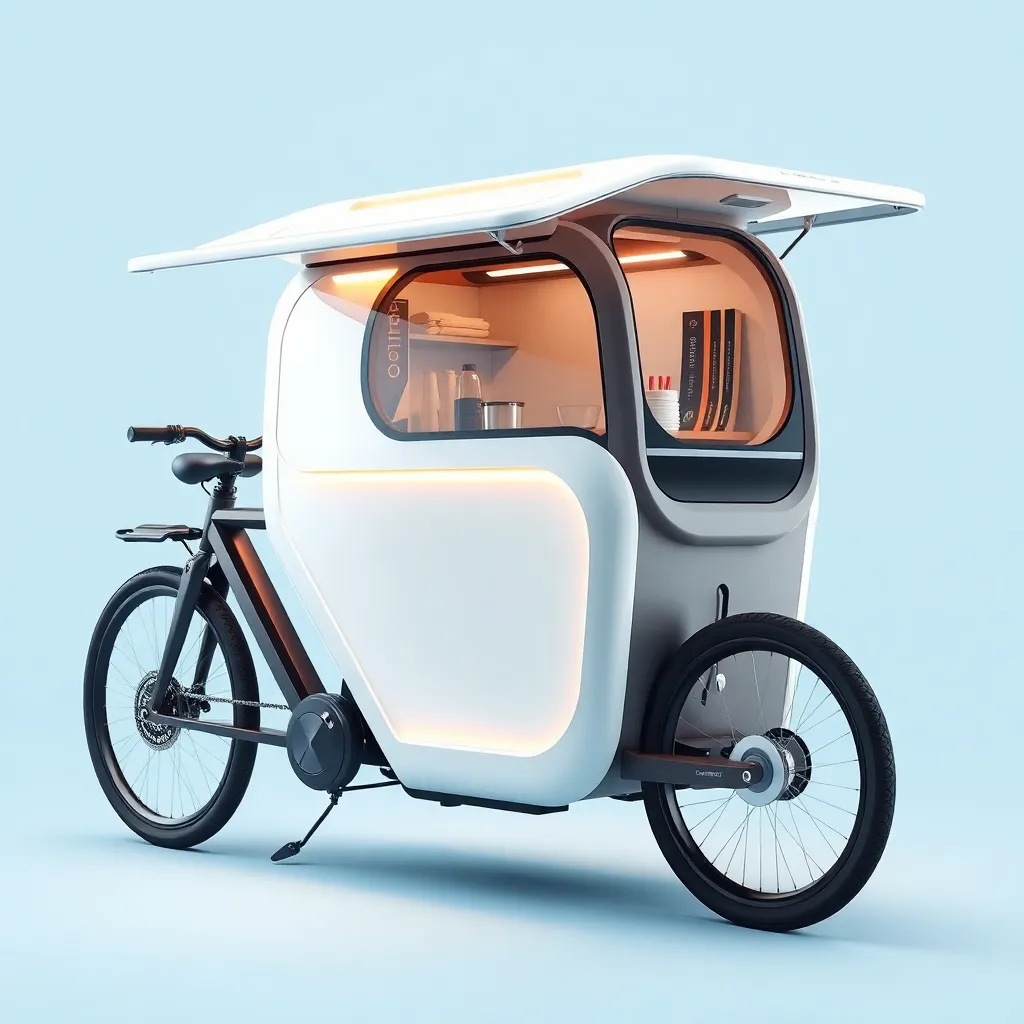 A futuristic electric tricycle with a canopy.