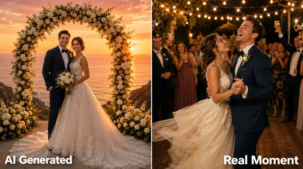 Side-by-side wedding photo comparison showing a flawless AI-generated clifftop bridal portrait beside a candid real wedding first dance filled with natural laughter and emotion.