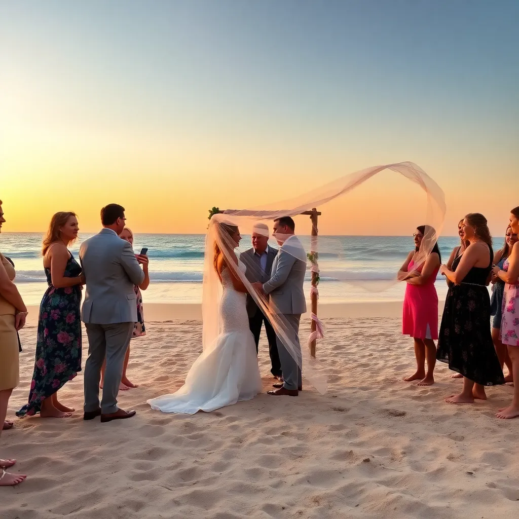 A wedding ceremony on a beach at sunset, with a bride and groom and several guests.