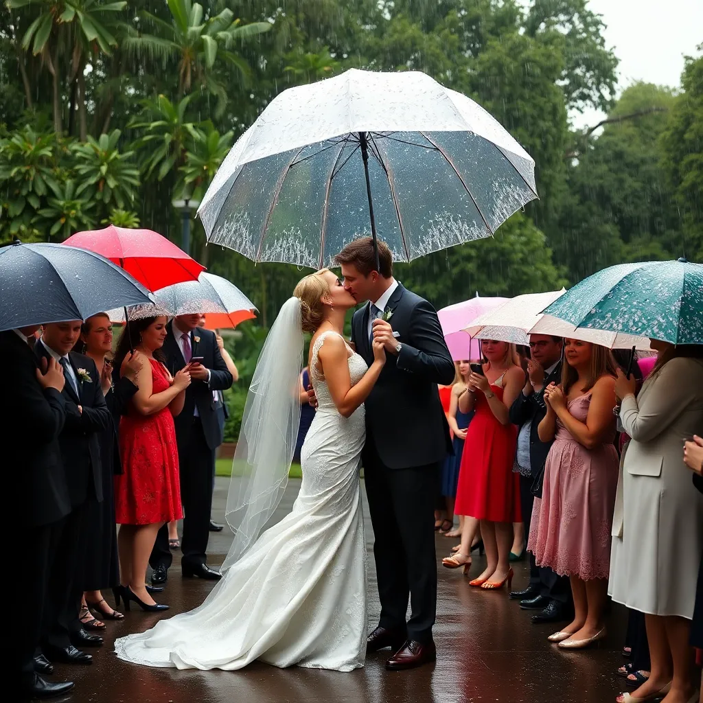 A bride and groom kissing under a white umbrella in the rain, surrounded by wedding guests with colorful umbrellas.
