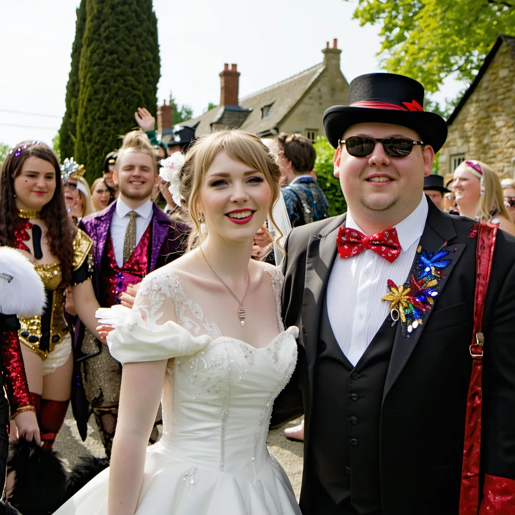 A bride and groom walk outside, the groom wearing a top hat.