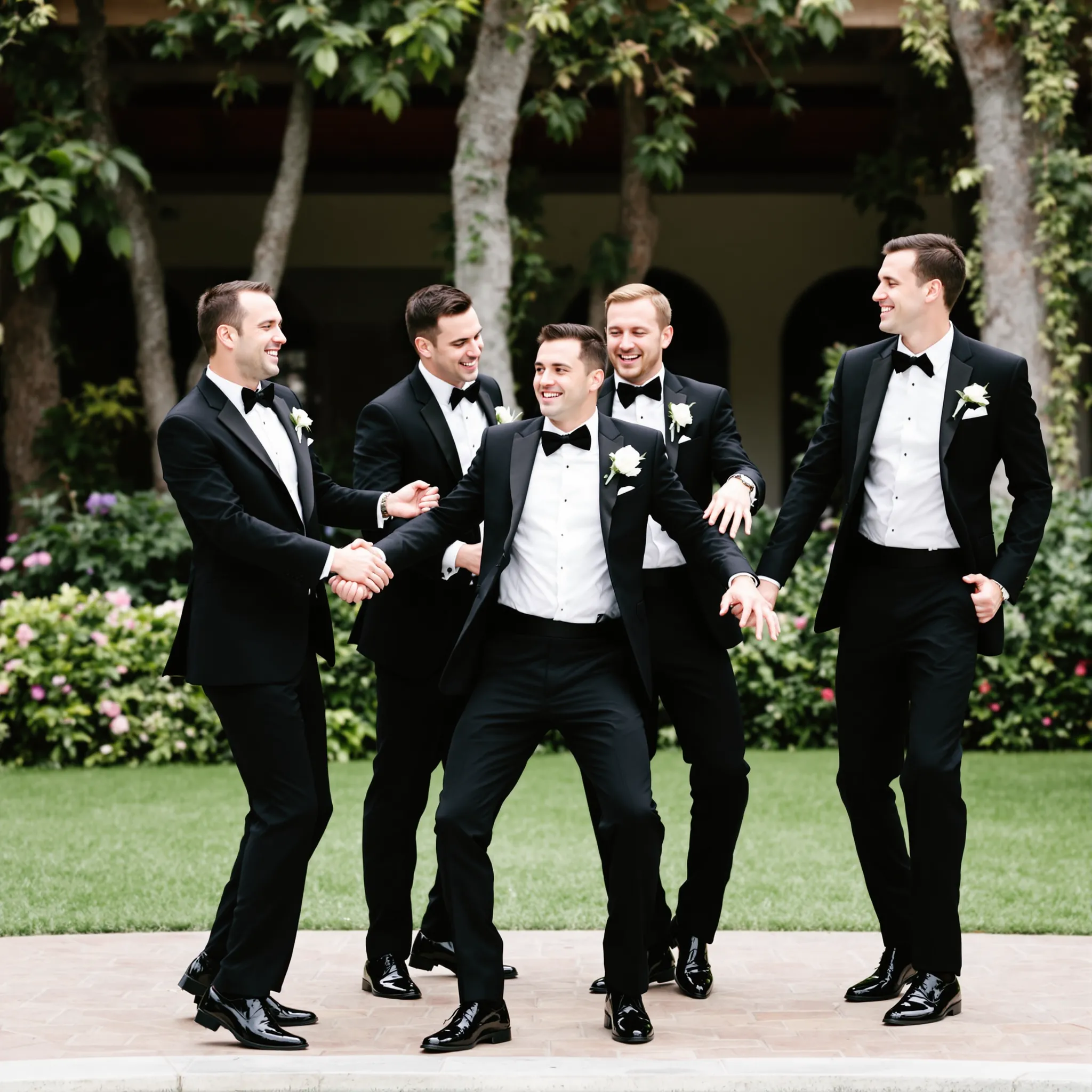 A group of groomsmen walk together.
