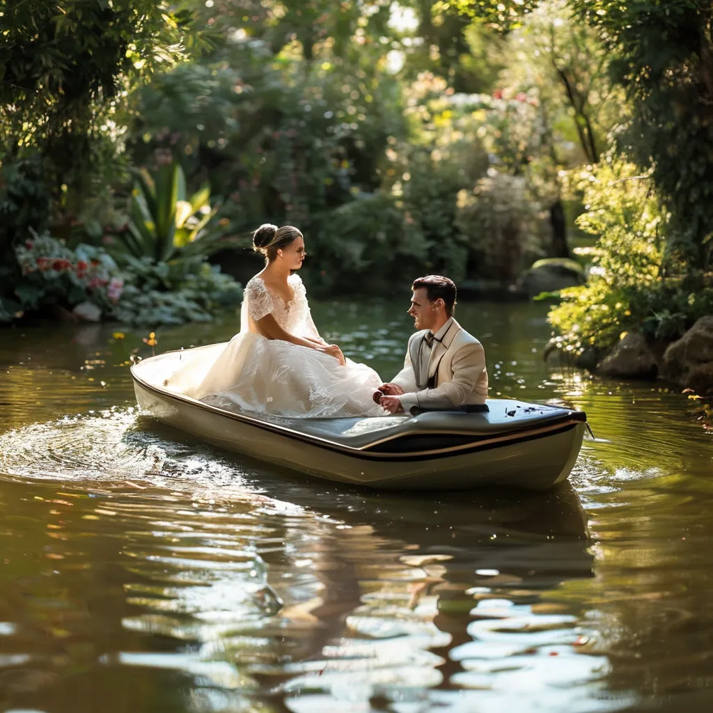 A bride and groom in a boat on a lake.
