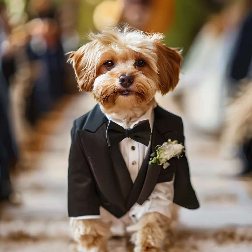 A small, fluffy dog wearing a black tuxedo with a white shirt and bowtie stands looking at the camera.