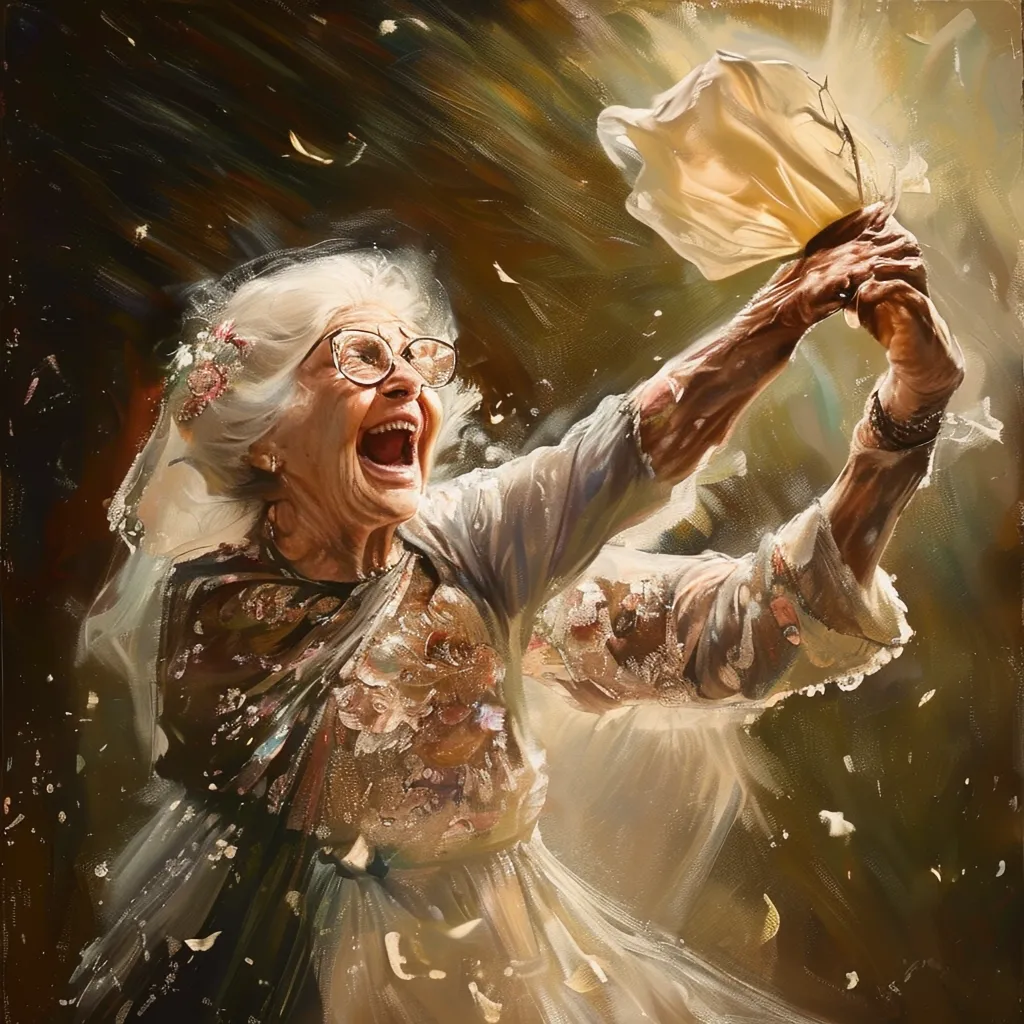 A person in a white dress and veil joyfully throws a bouquet upwards.