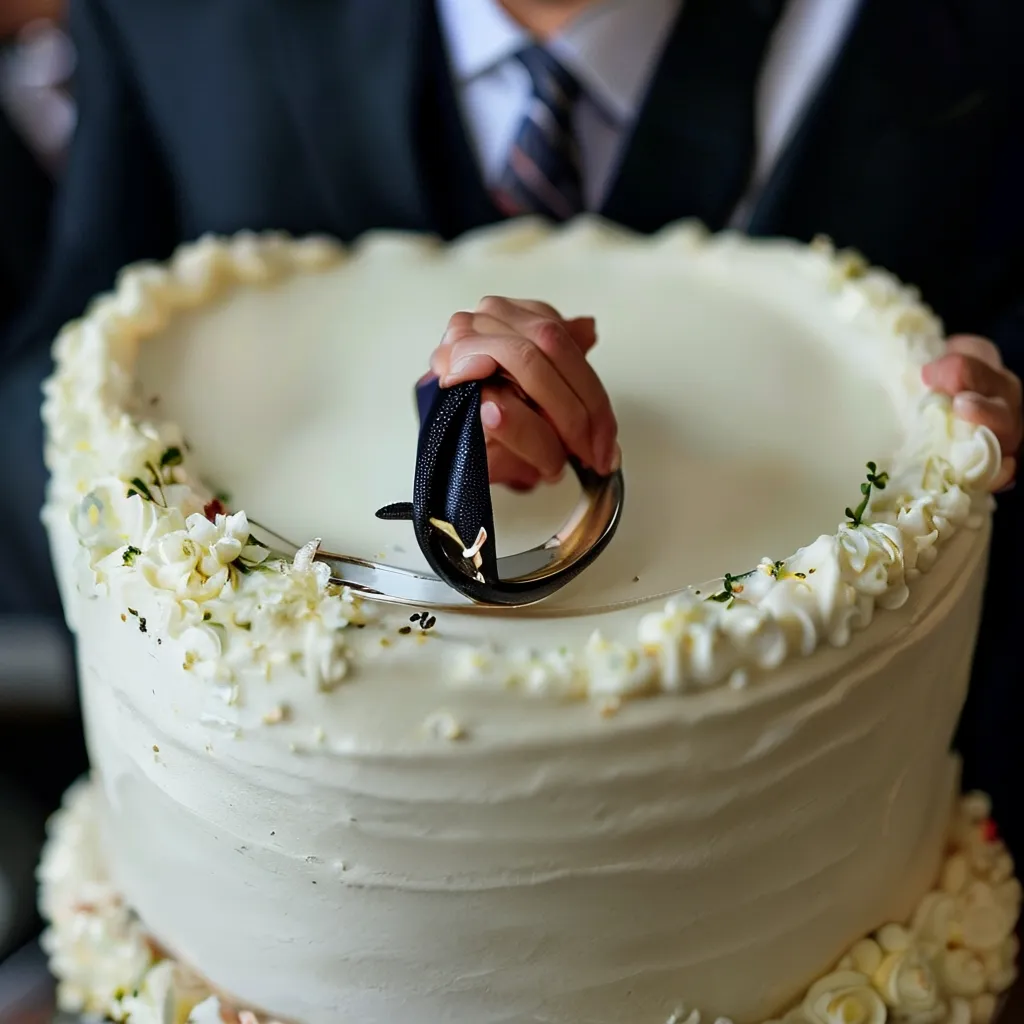 A close-up of a white wedding cake with a cake topper featuring a couple.