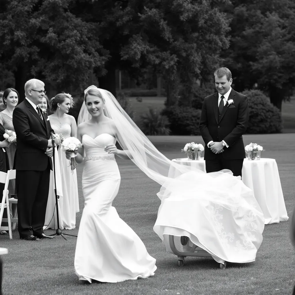 A black and white photo with selective color showing a bride and groom walking away from the camera, holding hands, with wedding guests behind them.