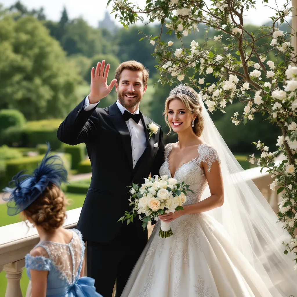A bride and groom standing outdoors, smiling and waving, with a child in the foreground.