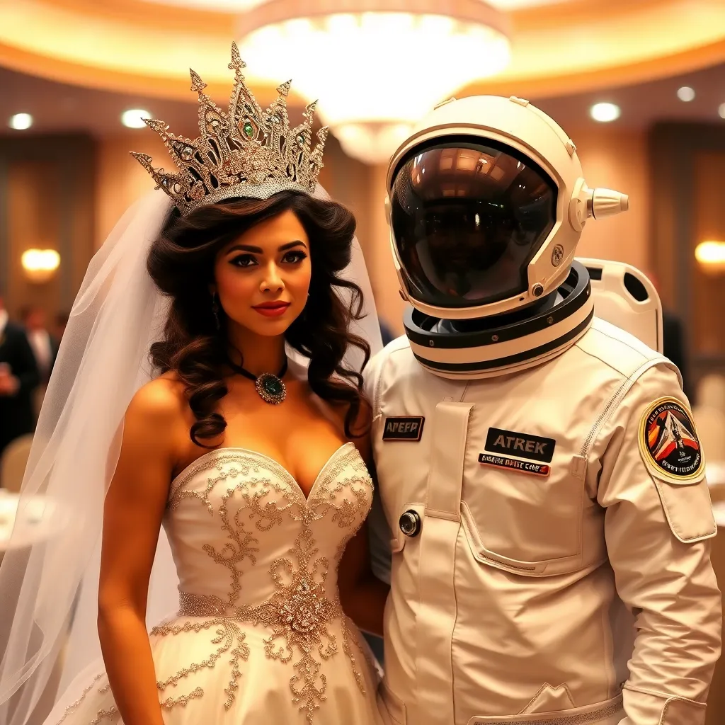 A bride in a wedding gown standing next to a person in a full astronaut suit indoors.
