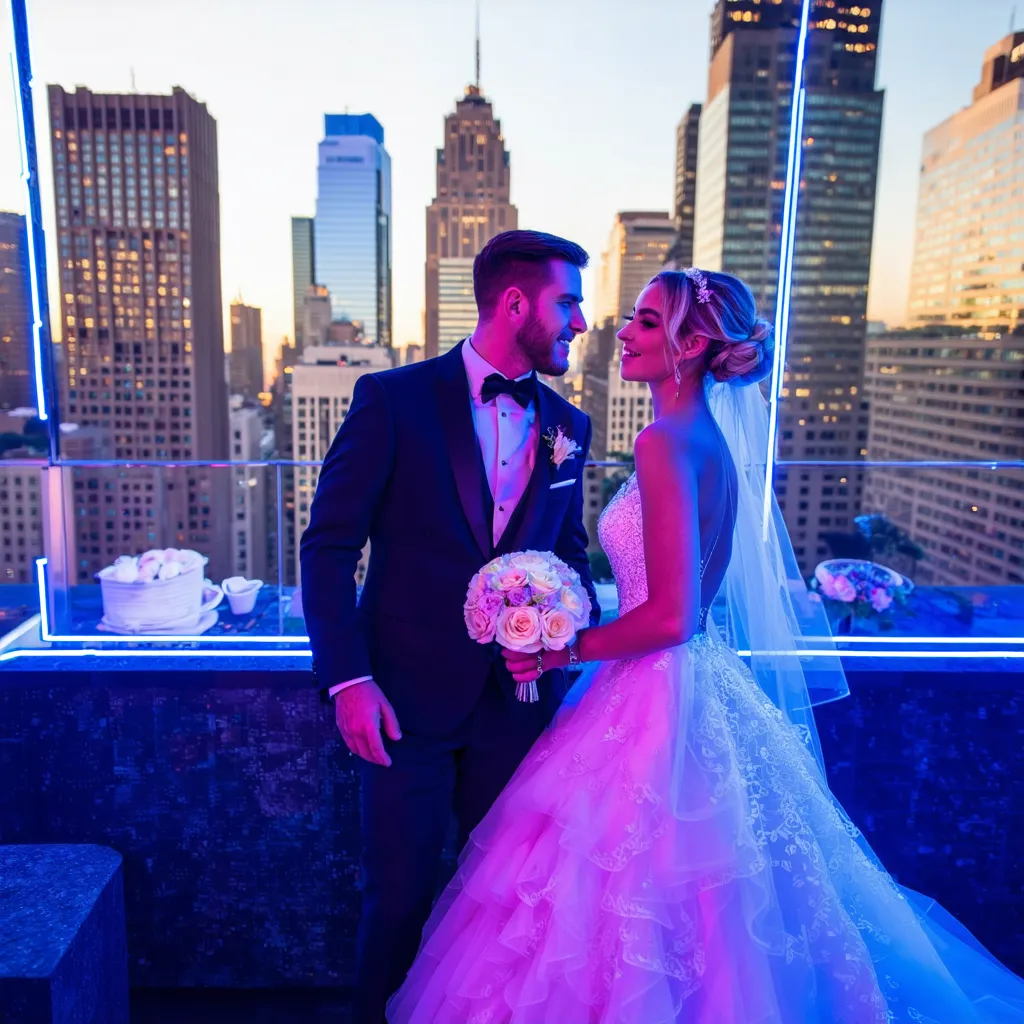A bride and groom embracing on a rooftop with a city skyline in the background at dusk.