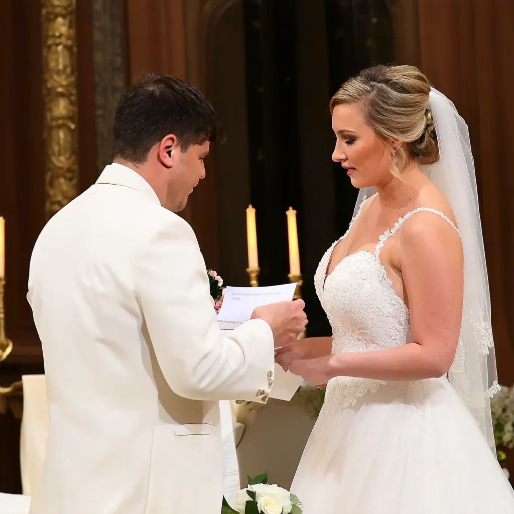 A bride and groom exchanging rings during their wedding ceremony in a church.