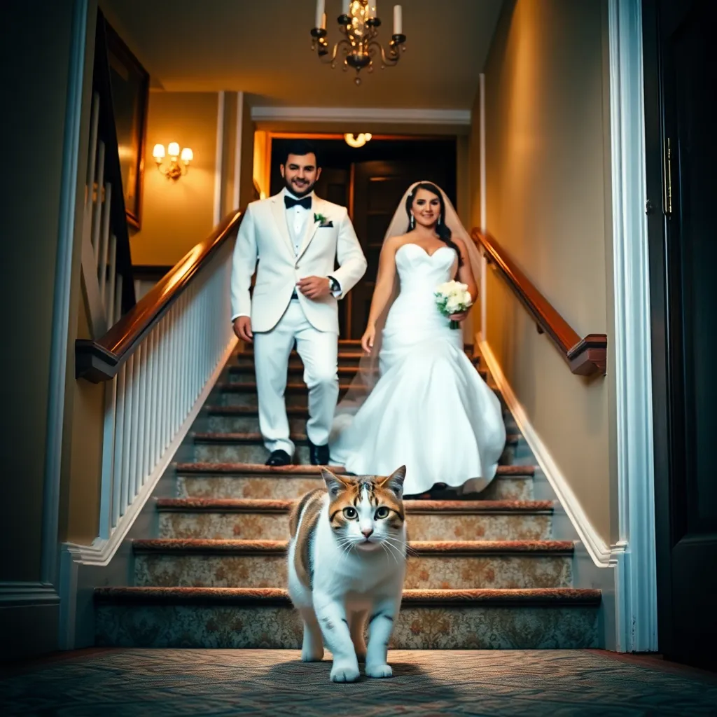 A bride and groom in white wedding attire walk down a staircase indoors, followed by a white dog.