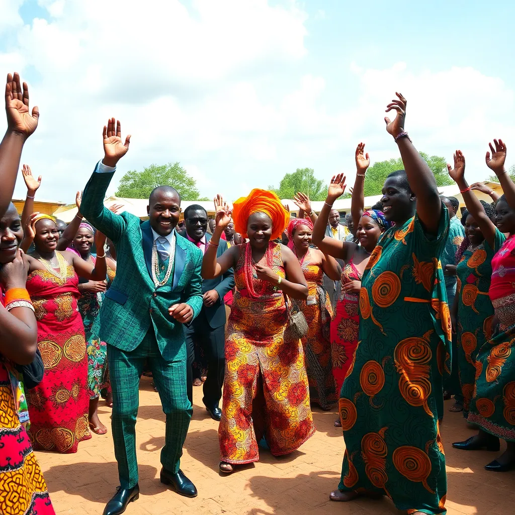 A group of people, appearing to be of African descent based on their clothing and features, celebrate outdoors with raised hands.