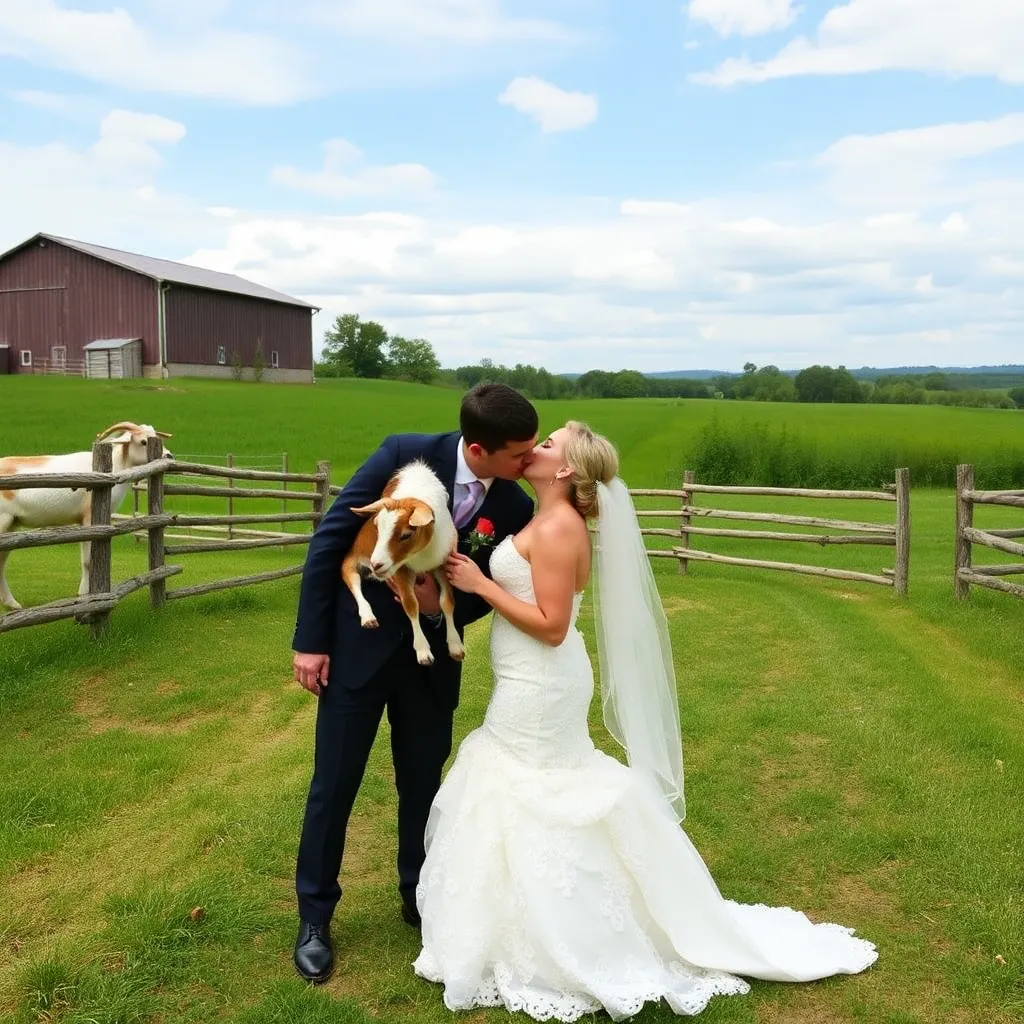 A bride and groom, appearing to be Caucasian, share a kiss in a rural setting with a barn in the background.