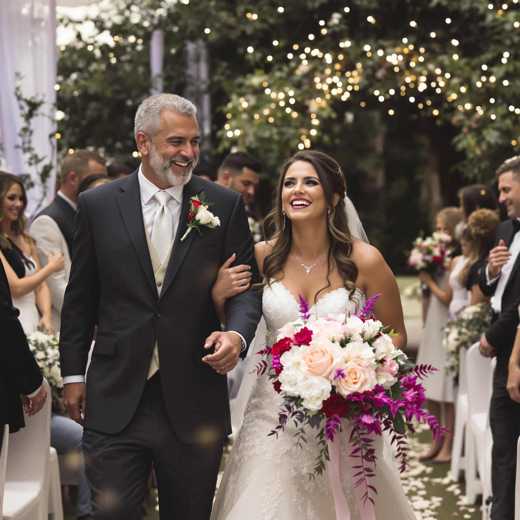 A bride, appearing to be Caucasian, walks down an aisle outdoors, holding a bouquet and accompanied by an older man, possibly her father.
