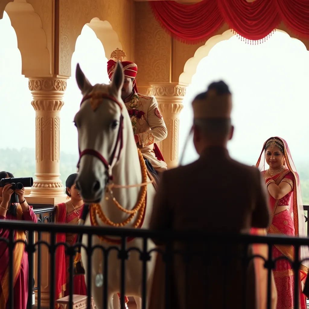 A groom on a decorated white horse during a wedding procession.