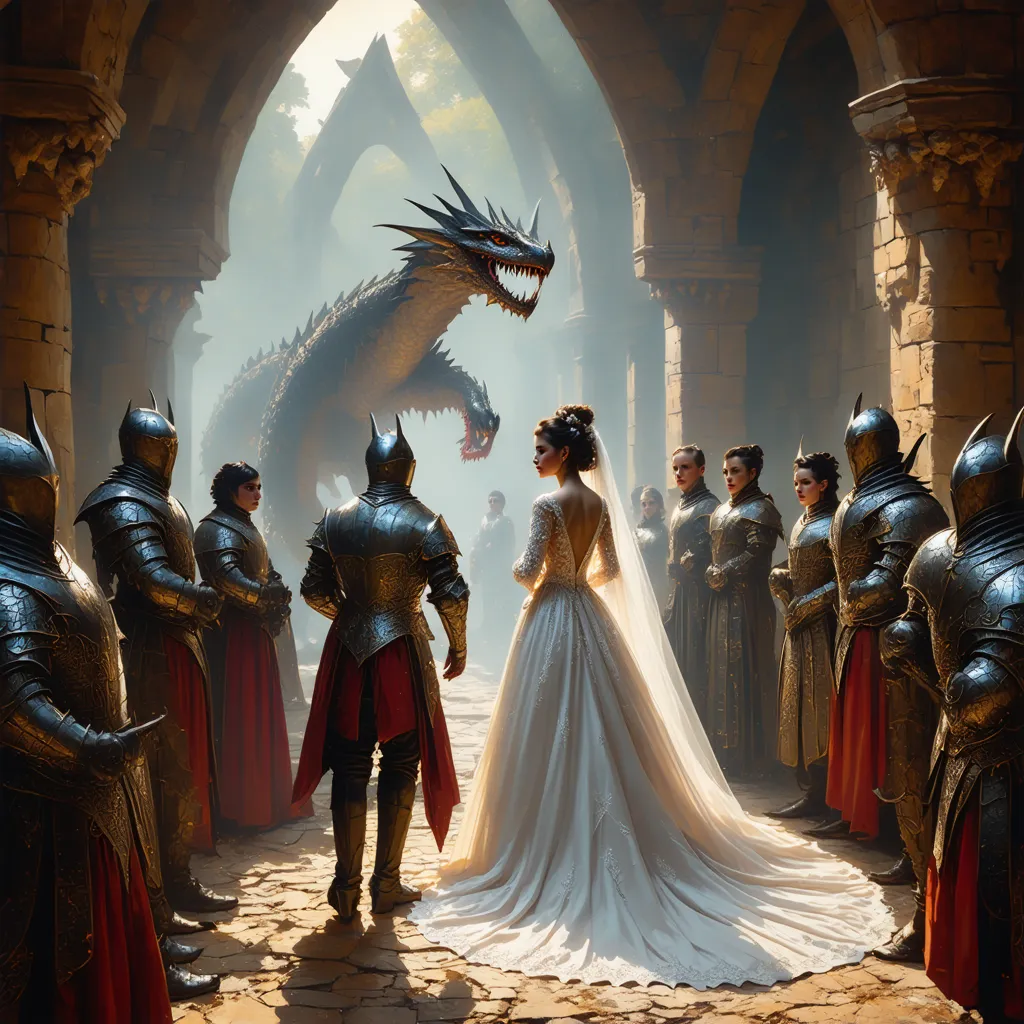 A bride and groom stand before a large, fantastical dragon figure, surrounded by people in what appears to be a themed or fantasy setting.