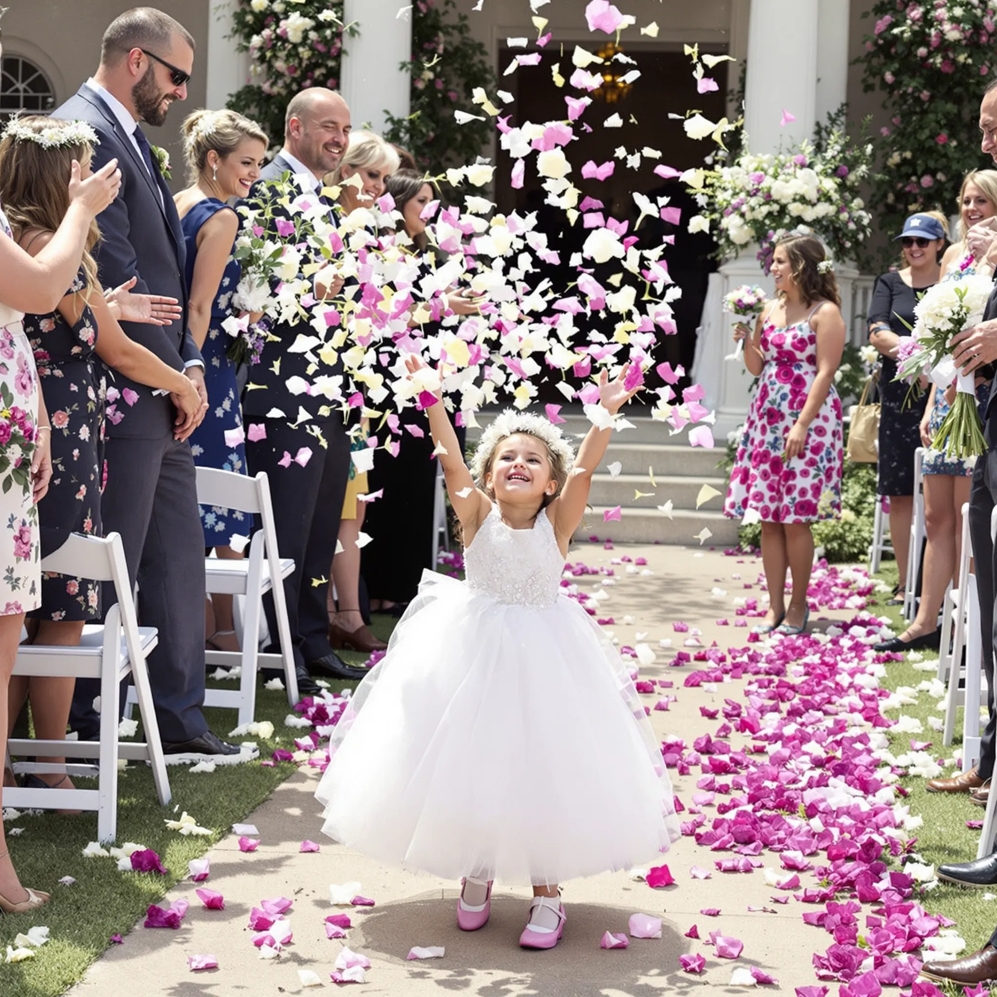 A flower girl in a white dress walks down an aisle as guests shower her with pink and white confetti.