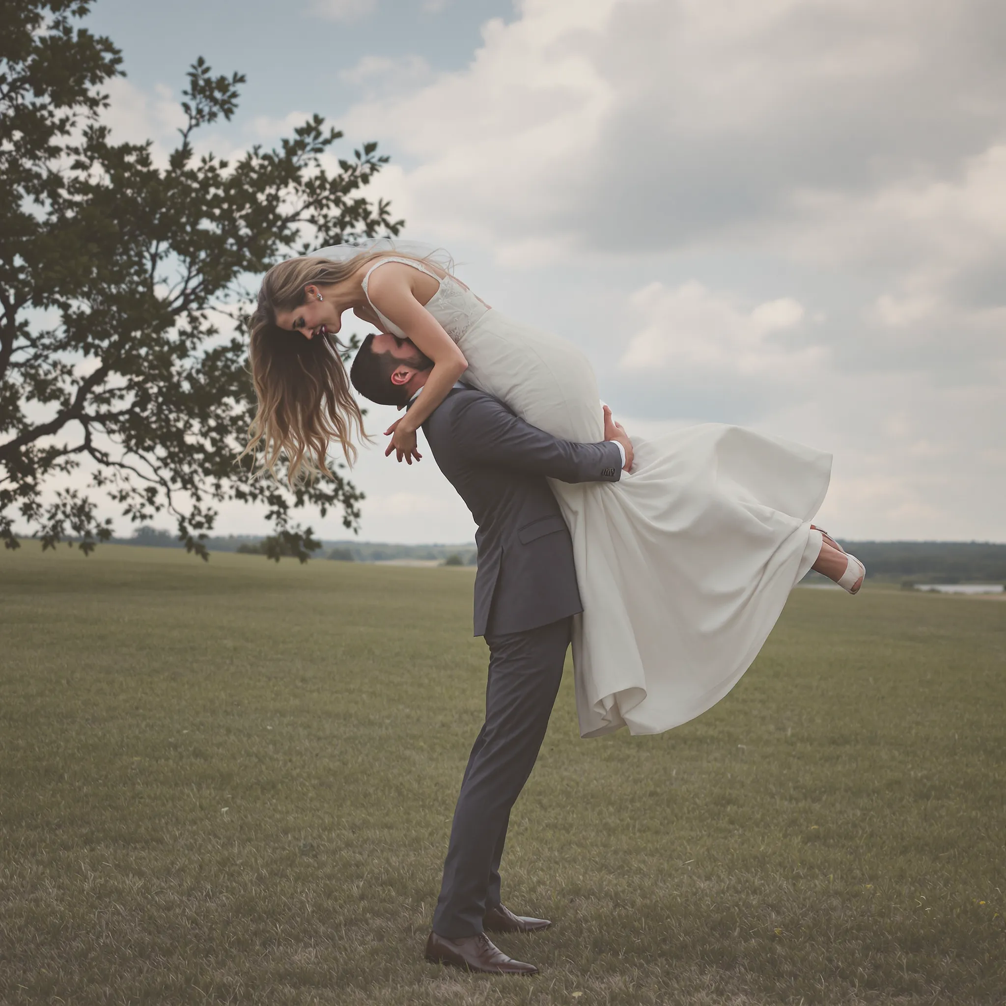 A groom, who appears to be Caucasian, dips his bride, who also appears to be Caucasian, in a field under a cloudy sky.
