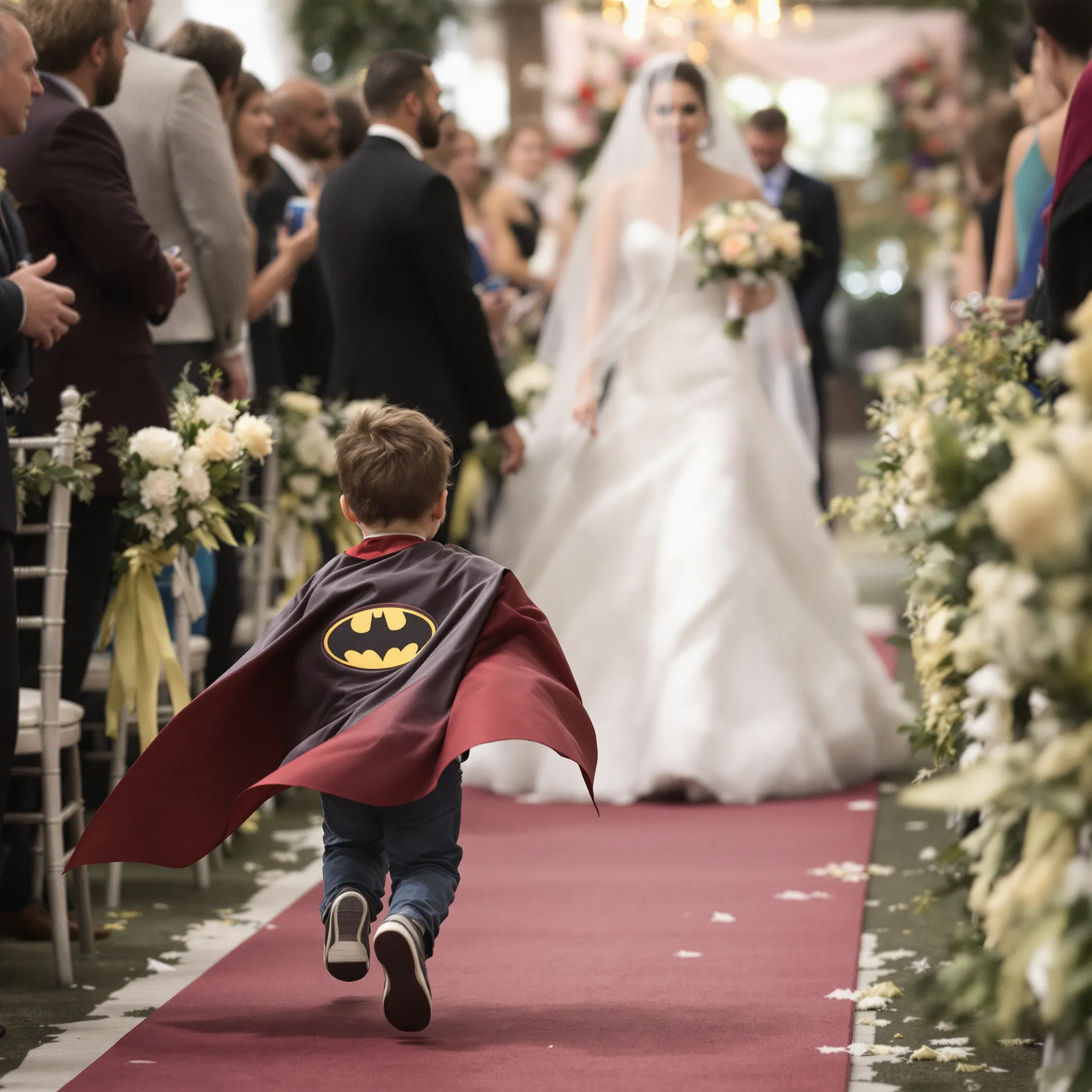 A young boy dressed as Superman runs down a red carpet towards a bride and groom at the end of the aisle.