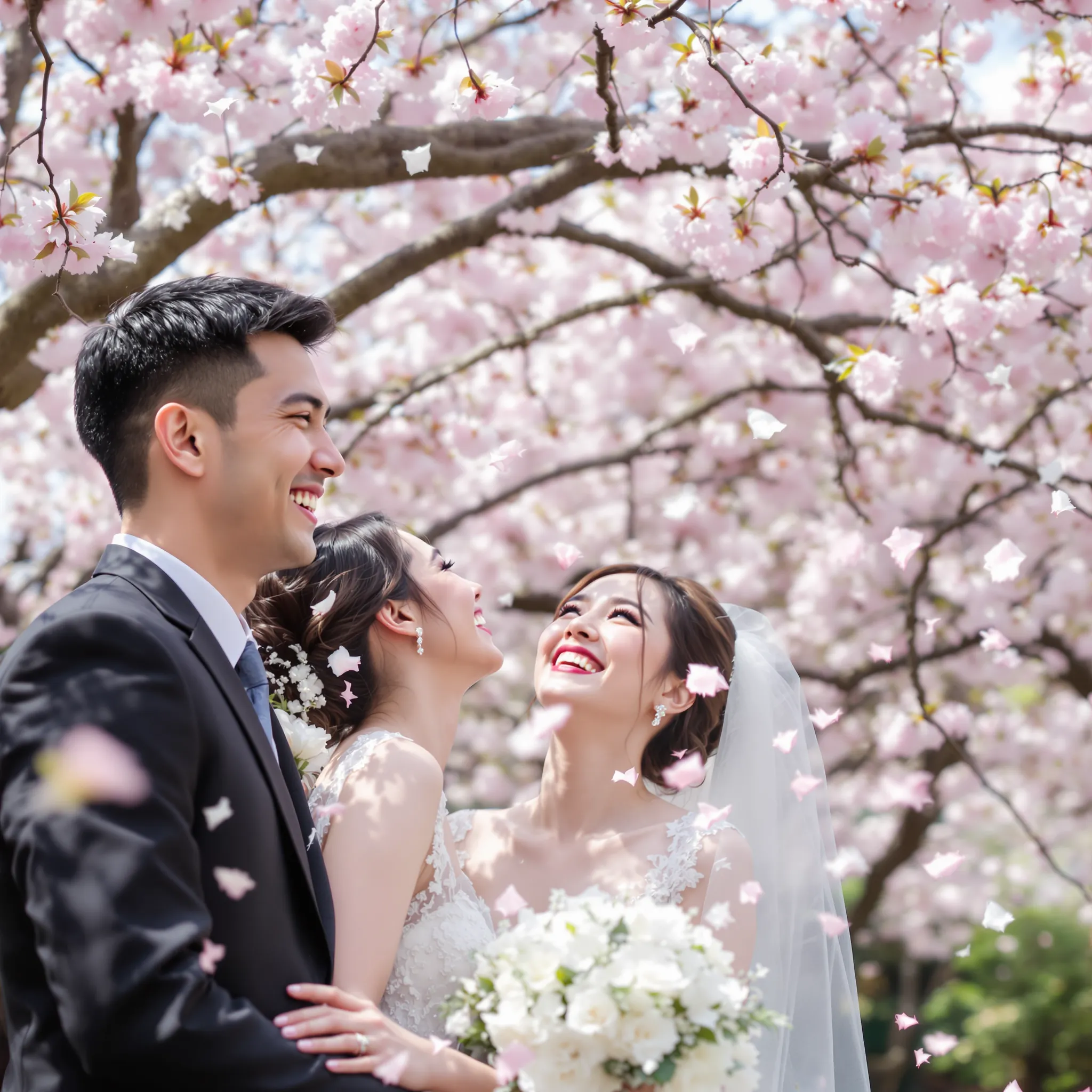 A couple, who appear to be of Asian descent based on their features, stand close together under blooming cherry blossom trees.