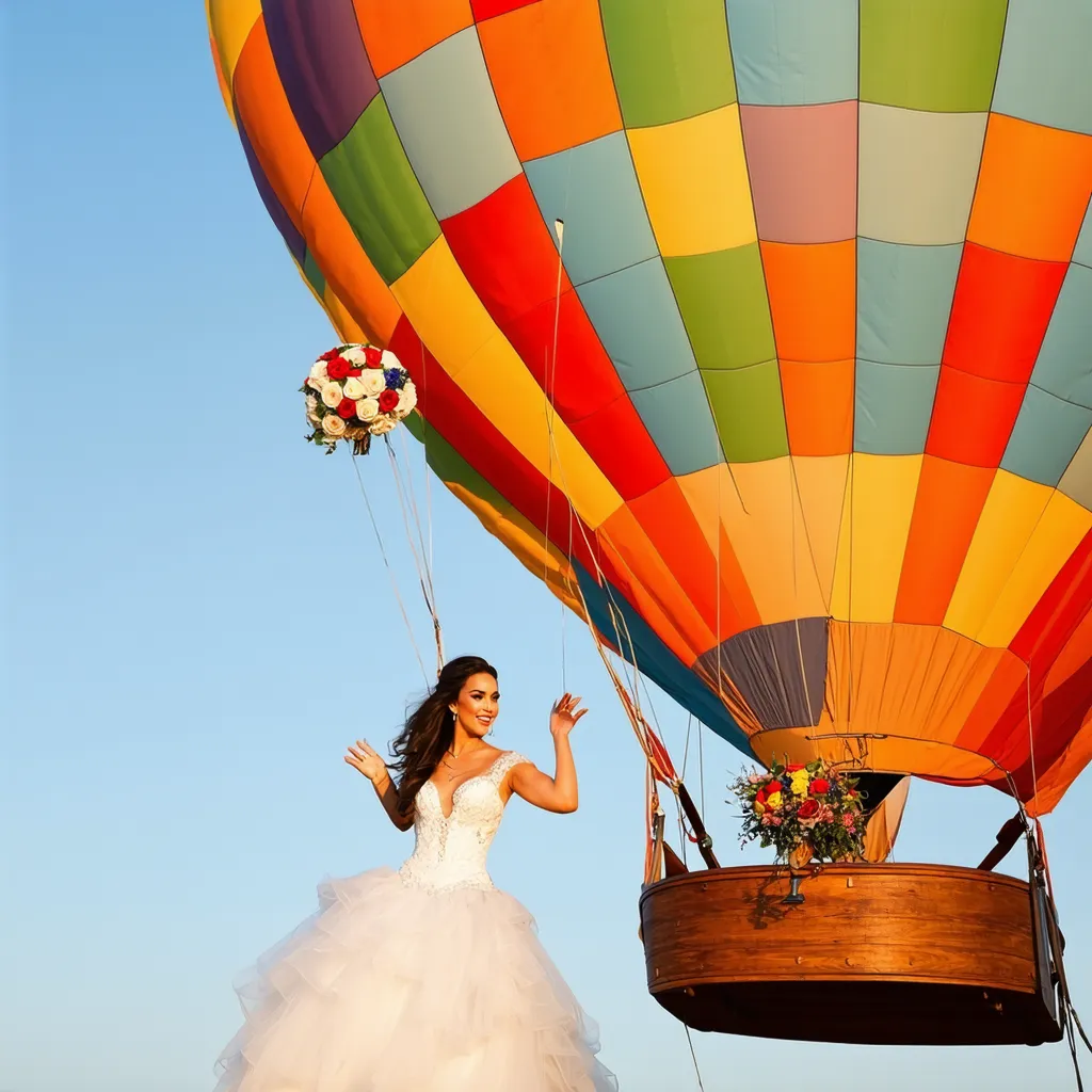 A bride, who appears to be Caucasian, waves from the basket of a colorful hot air balloon.