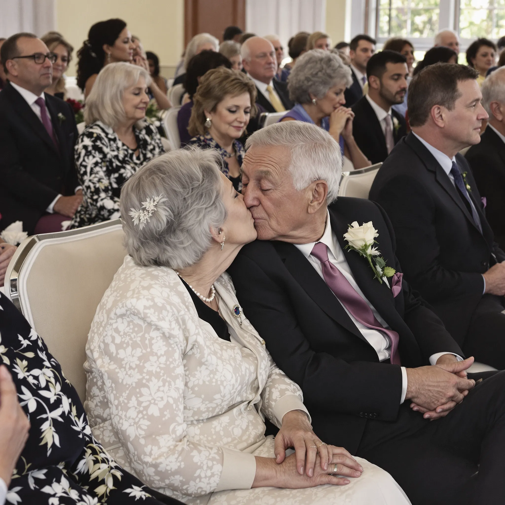 Wedding guests, appearing to be mostly older individuals who seem to be Caucasian, sit in rows watching the ceremony.