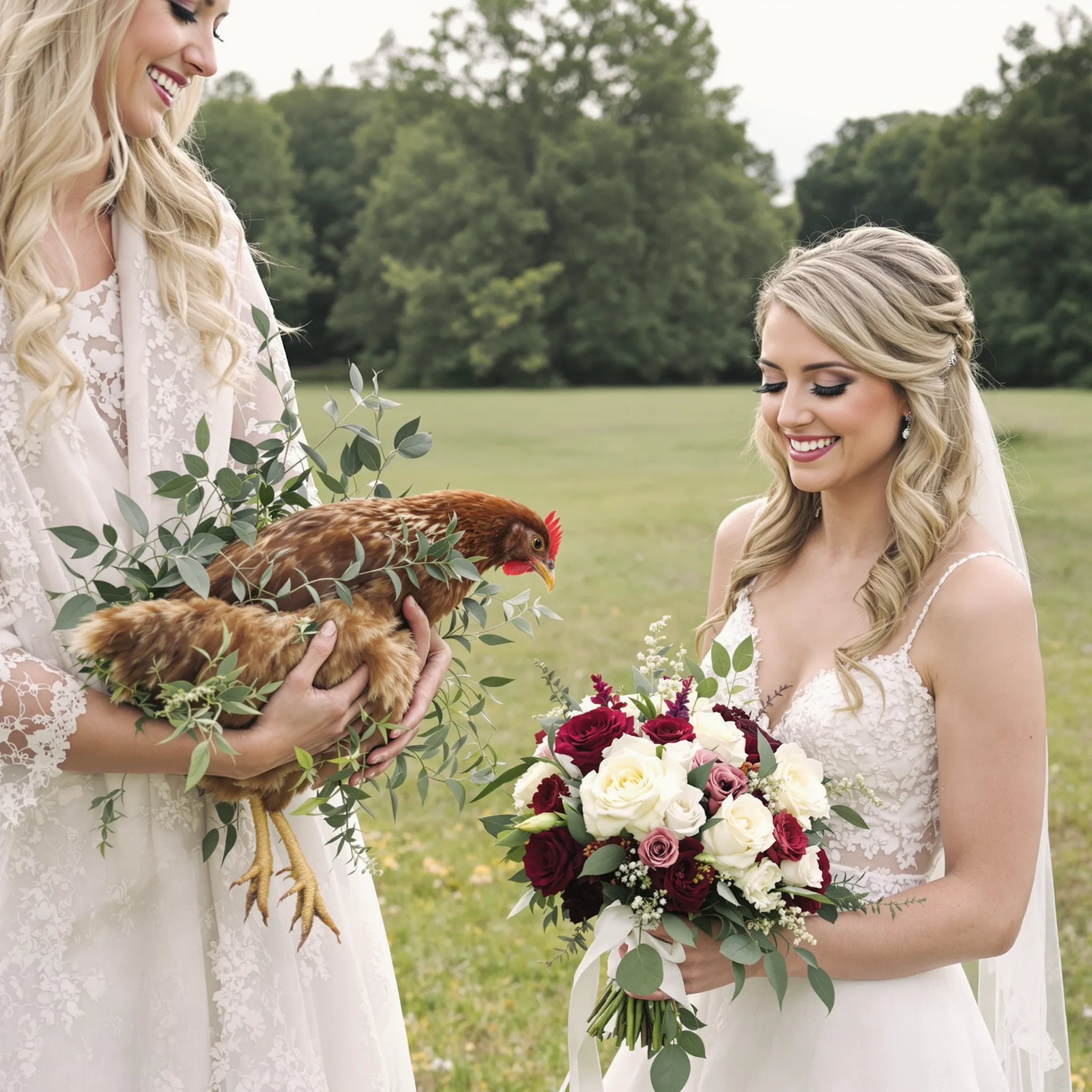 Two individuals, who appear to be Caucasian, in wedding dresses stand outdoors, one holding a bouquet of flowers.