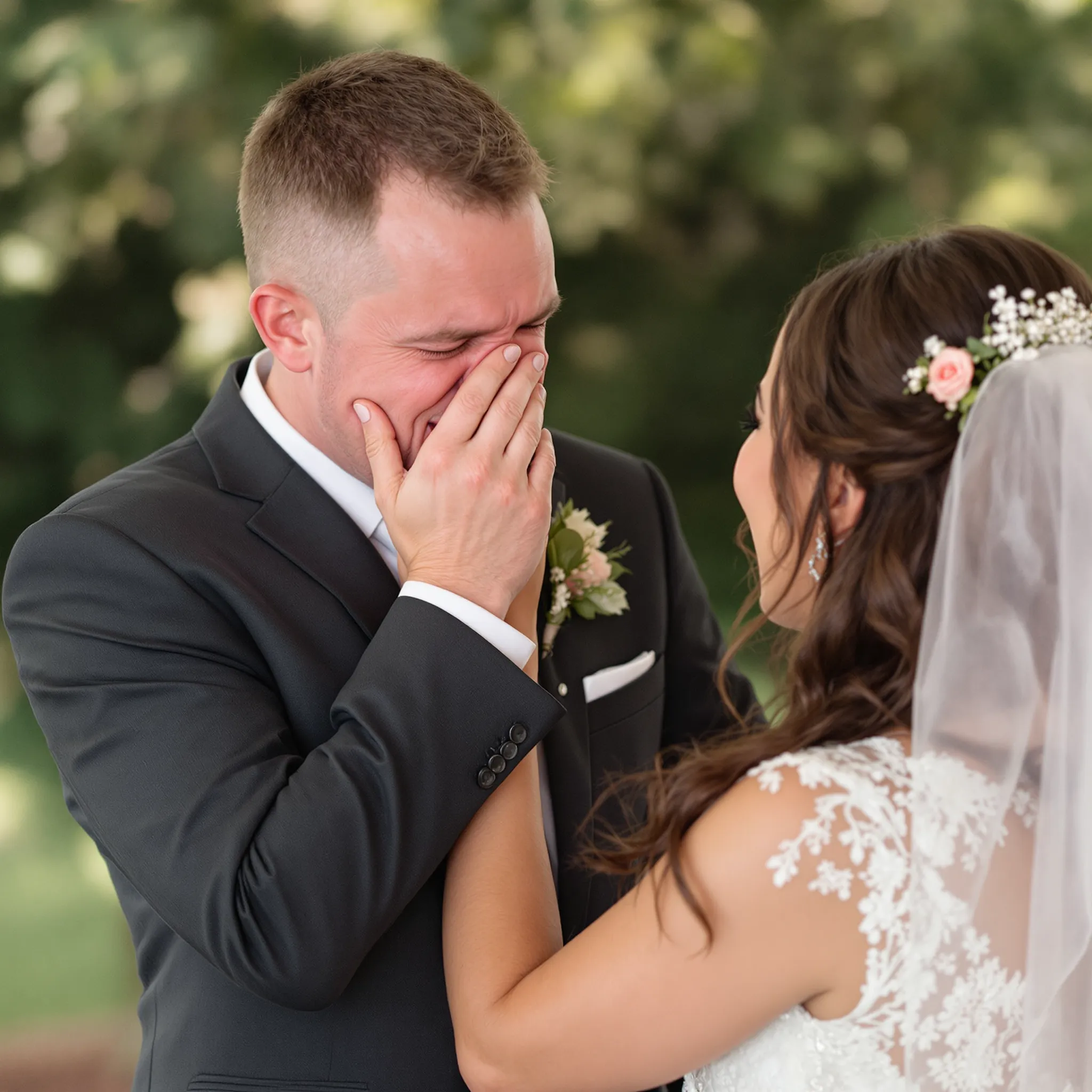 A person in a dark suit, who appears to be Caucasian, wipes their eyes with their hand while facing another person in a white wedding dress.