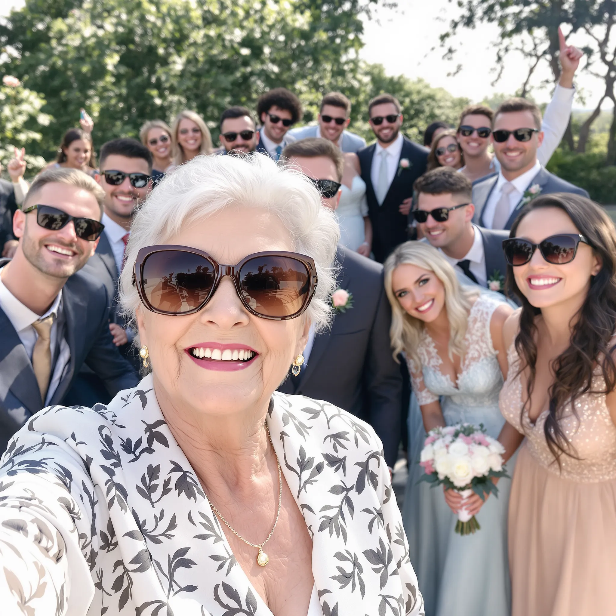 A group of people, who appear to be mostly Caucasian, smile at the camera, possibly taking a group selfie at a wedding.