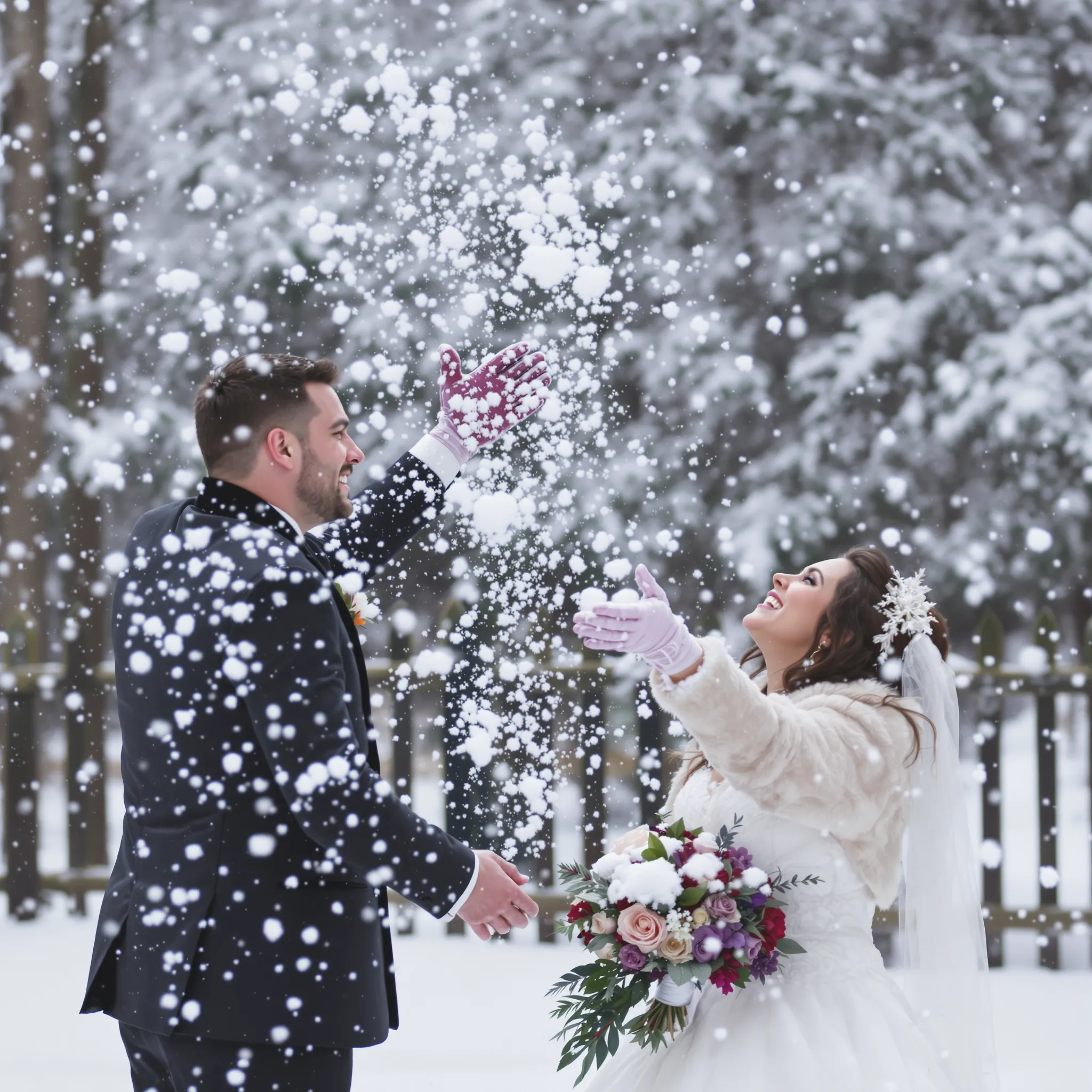 A couple, who both appear to be Caucasian, stand in a snowy outdoor setting, playfully throwing snow into the air.