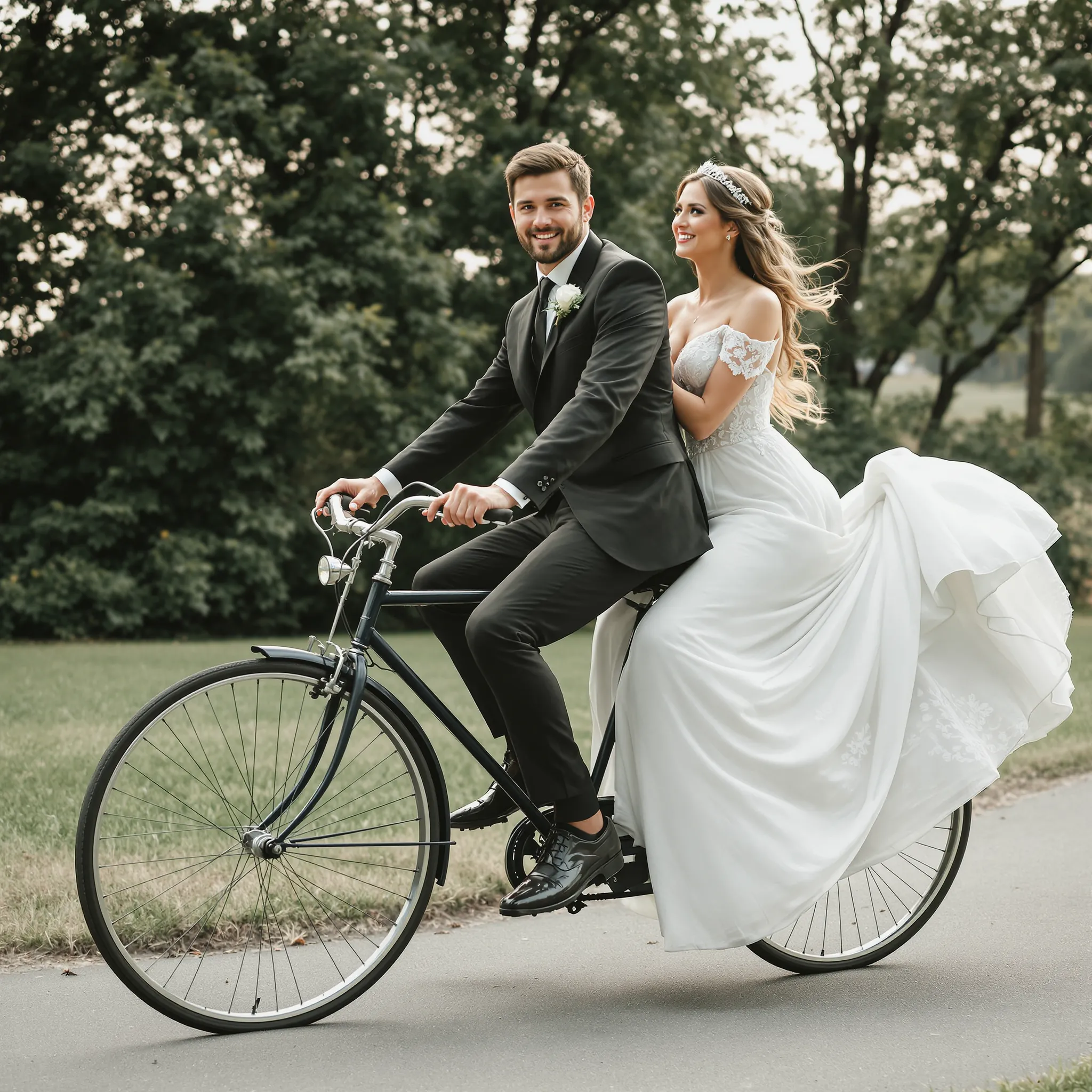A person in a dark suit pedals a bicycle with a person in a white wedding dress riding on the back. They are on a paved path with greenery in the background.