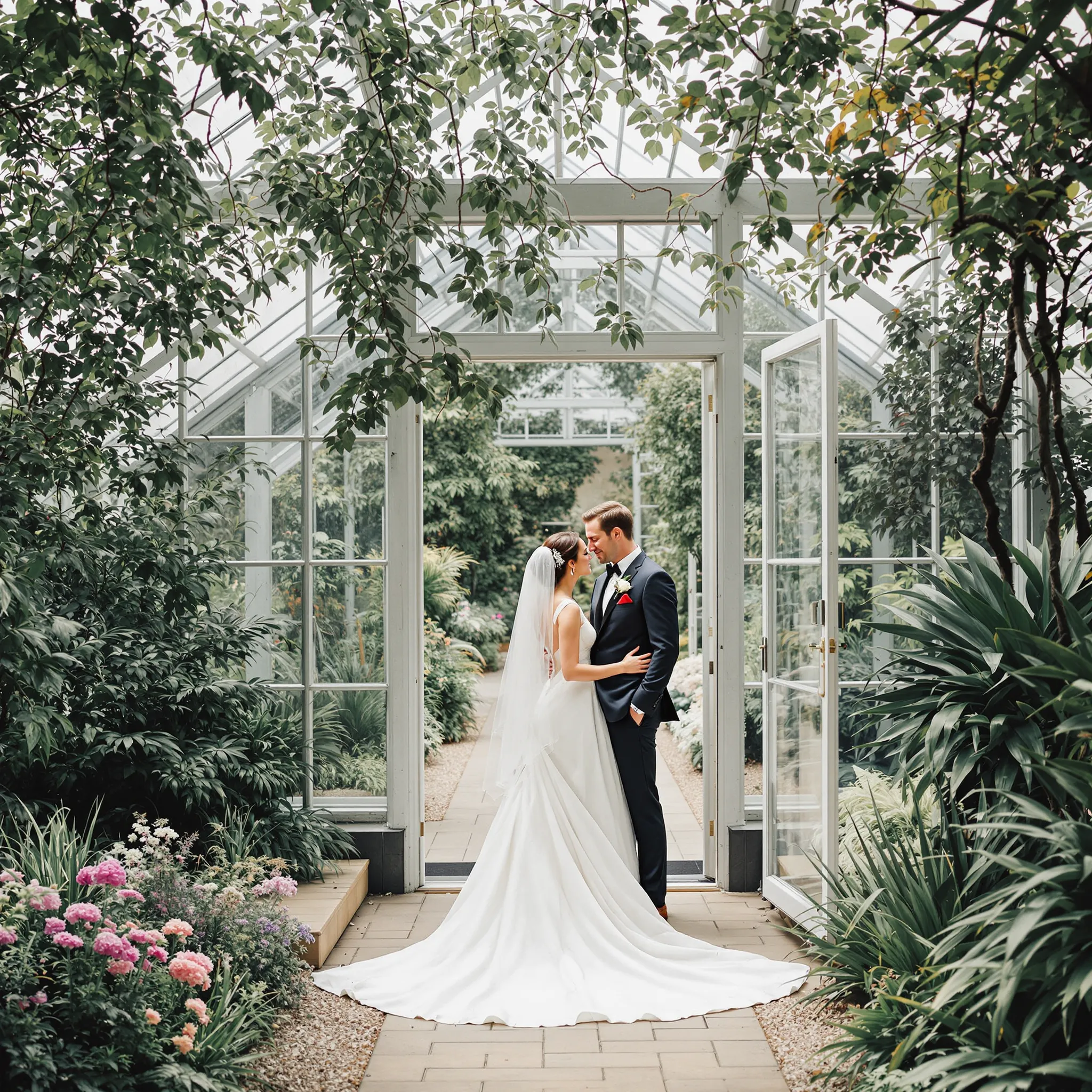 Two individuals, one in a dark suit and the other in a white wedding dress, embrace under a white gazebo adorned with greenery.