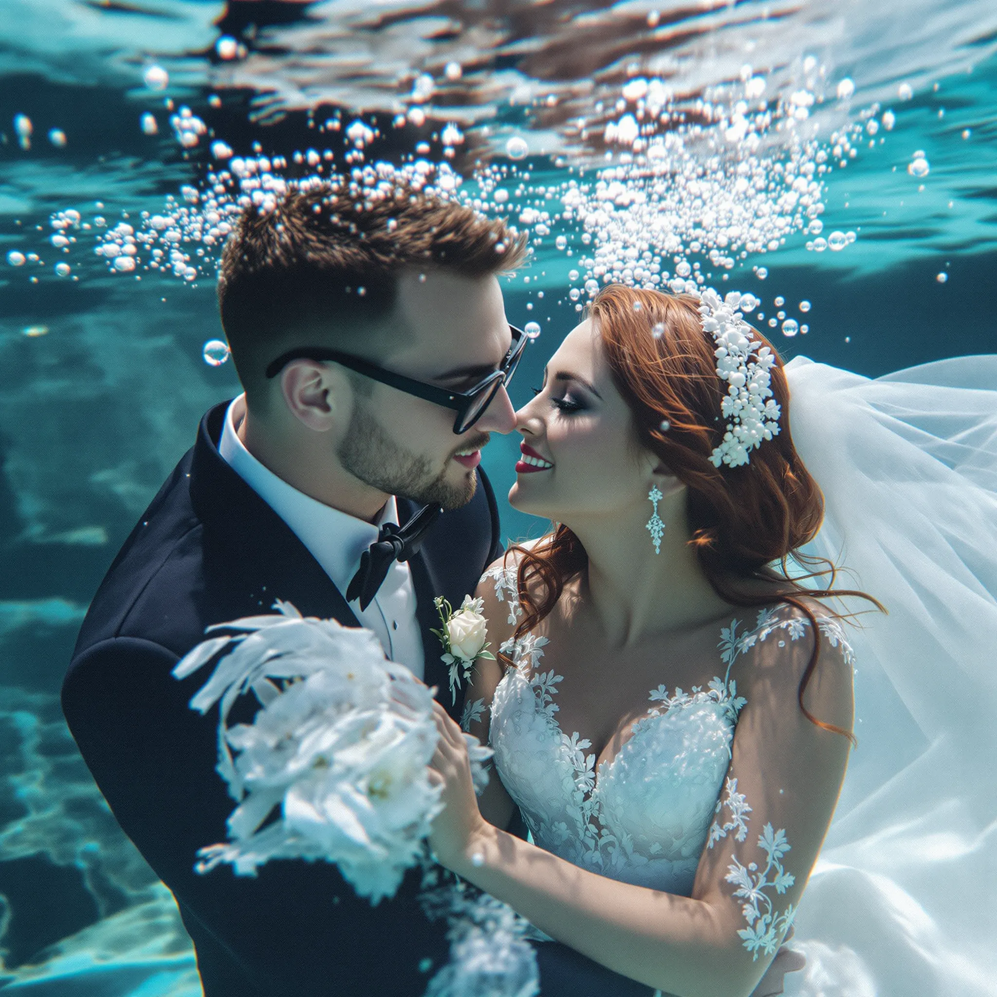 A person in a dark suit and glasses kisses a person in a white wedding dress underwater, surrounded by bubbles.