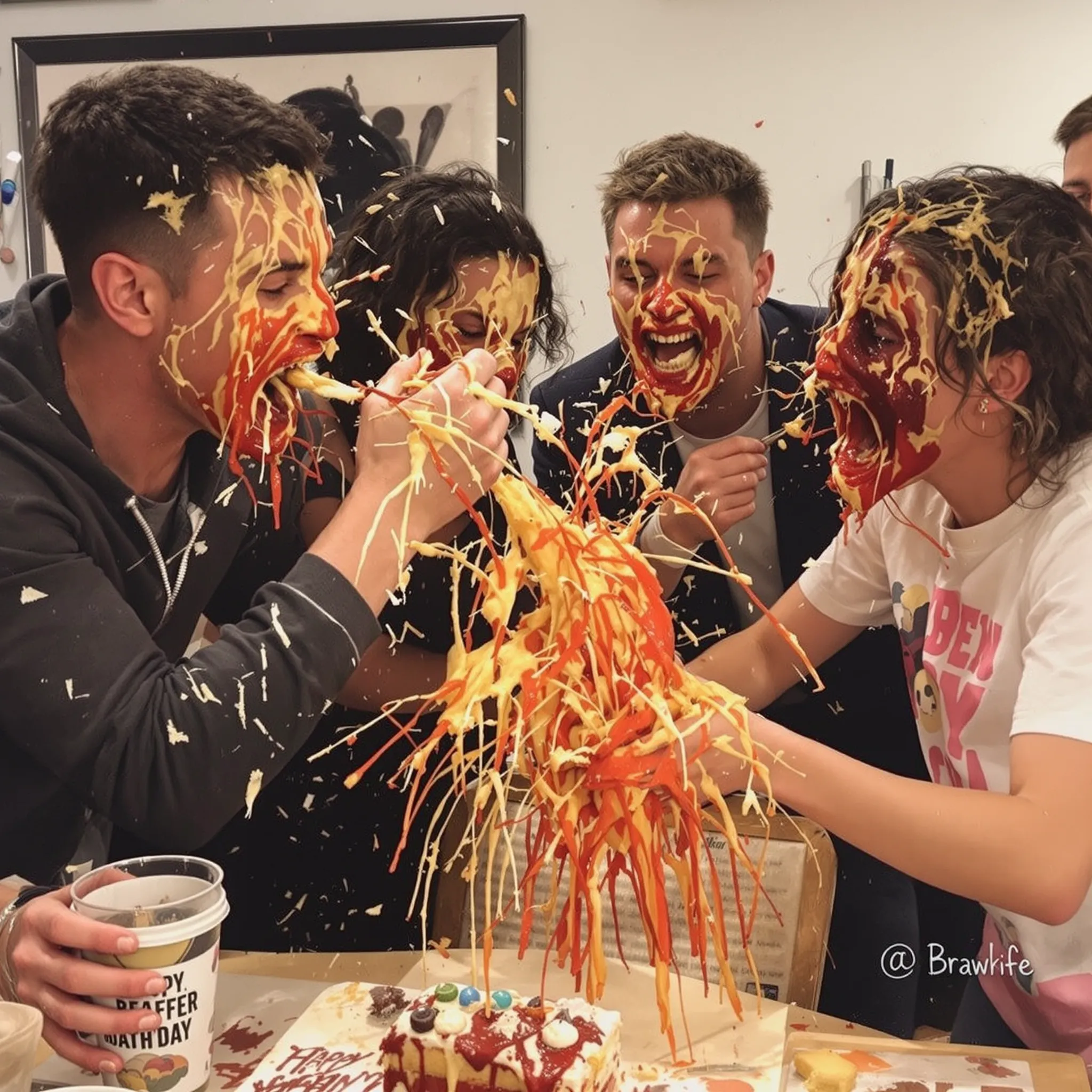 A group of people, including one in a white dress and another in a dark suit, are covered in colorful confetti, celebrating indoors.