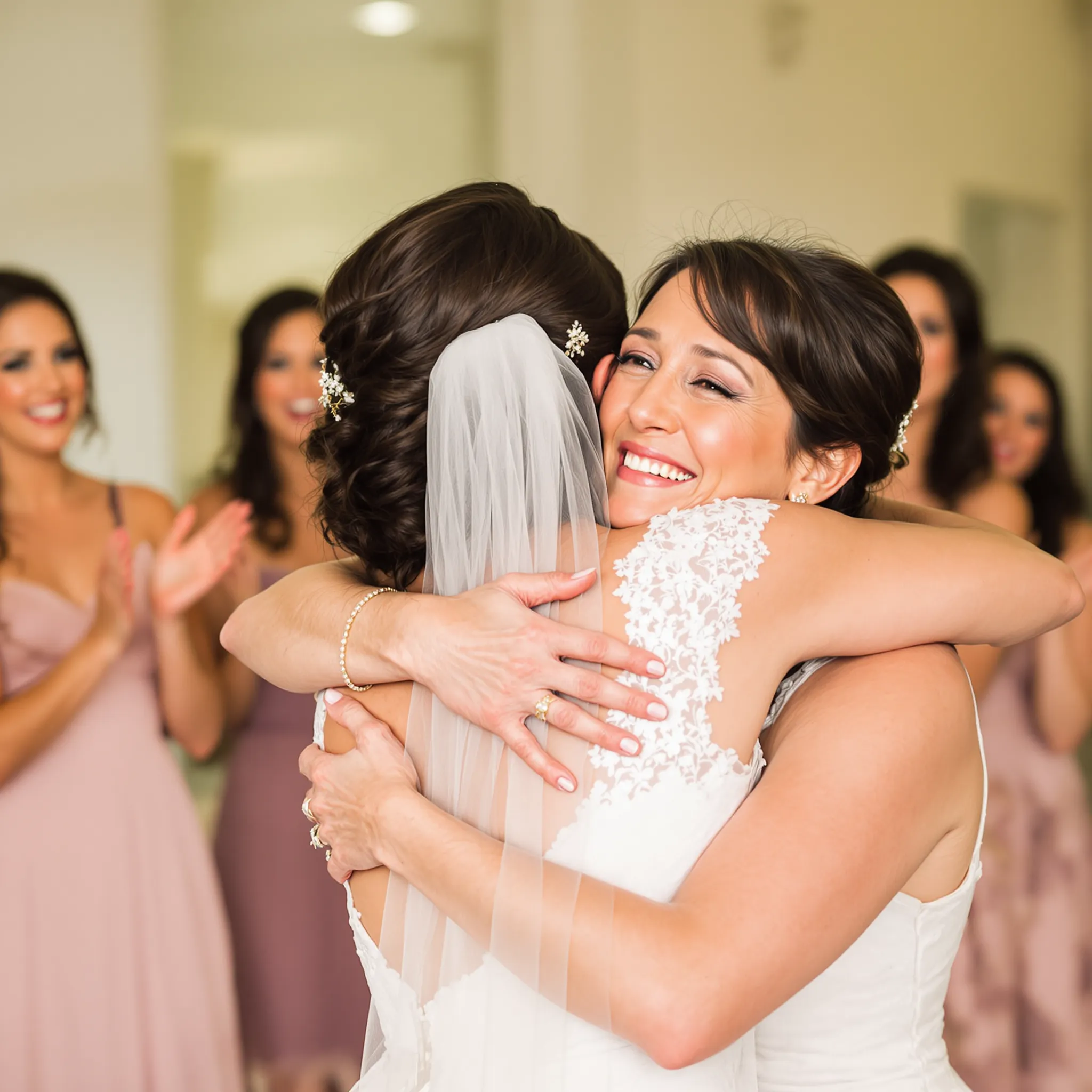 Two brides hugging each other.