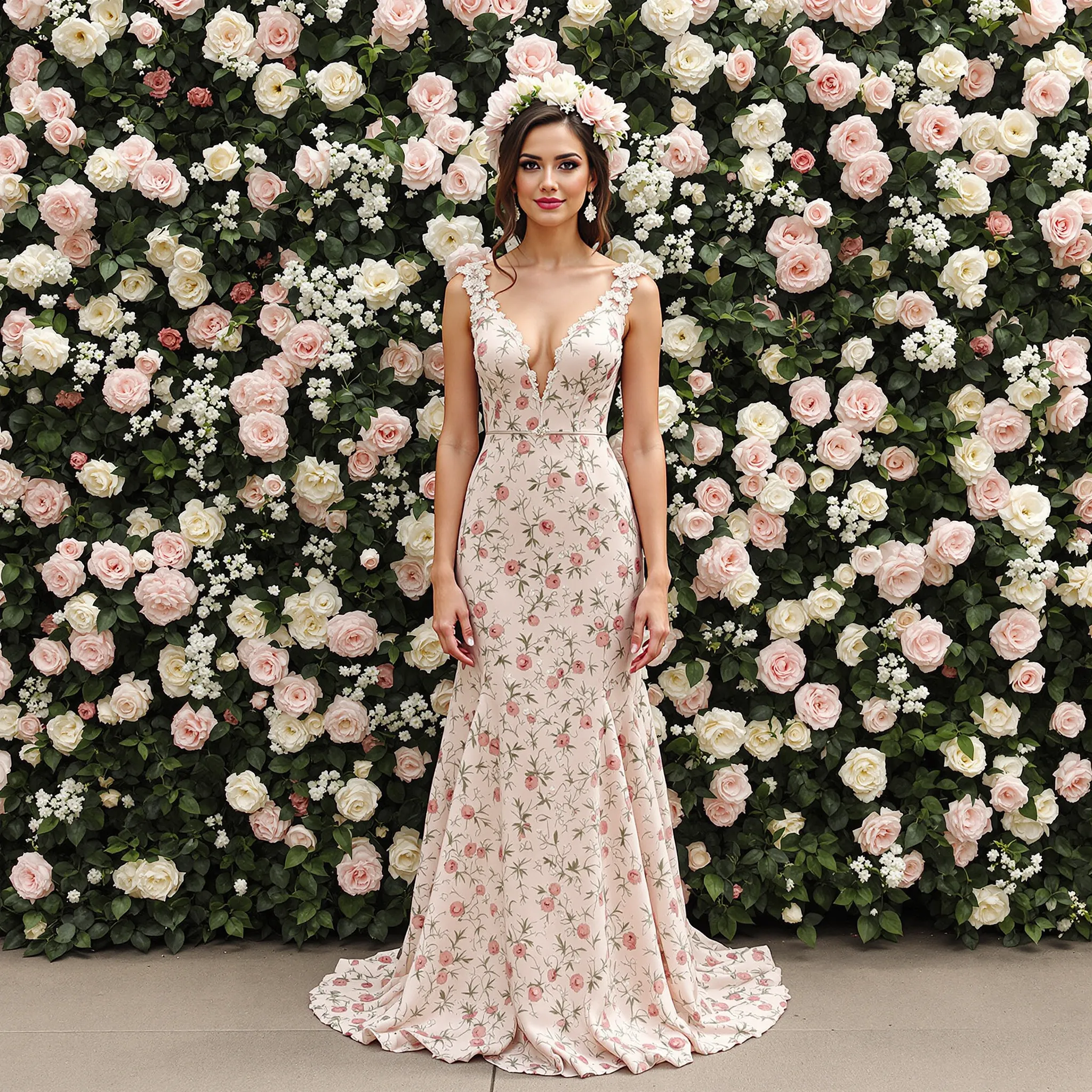 A woman in a wedding dress in front of a flower wall.