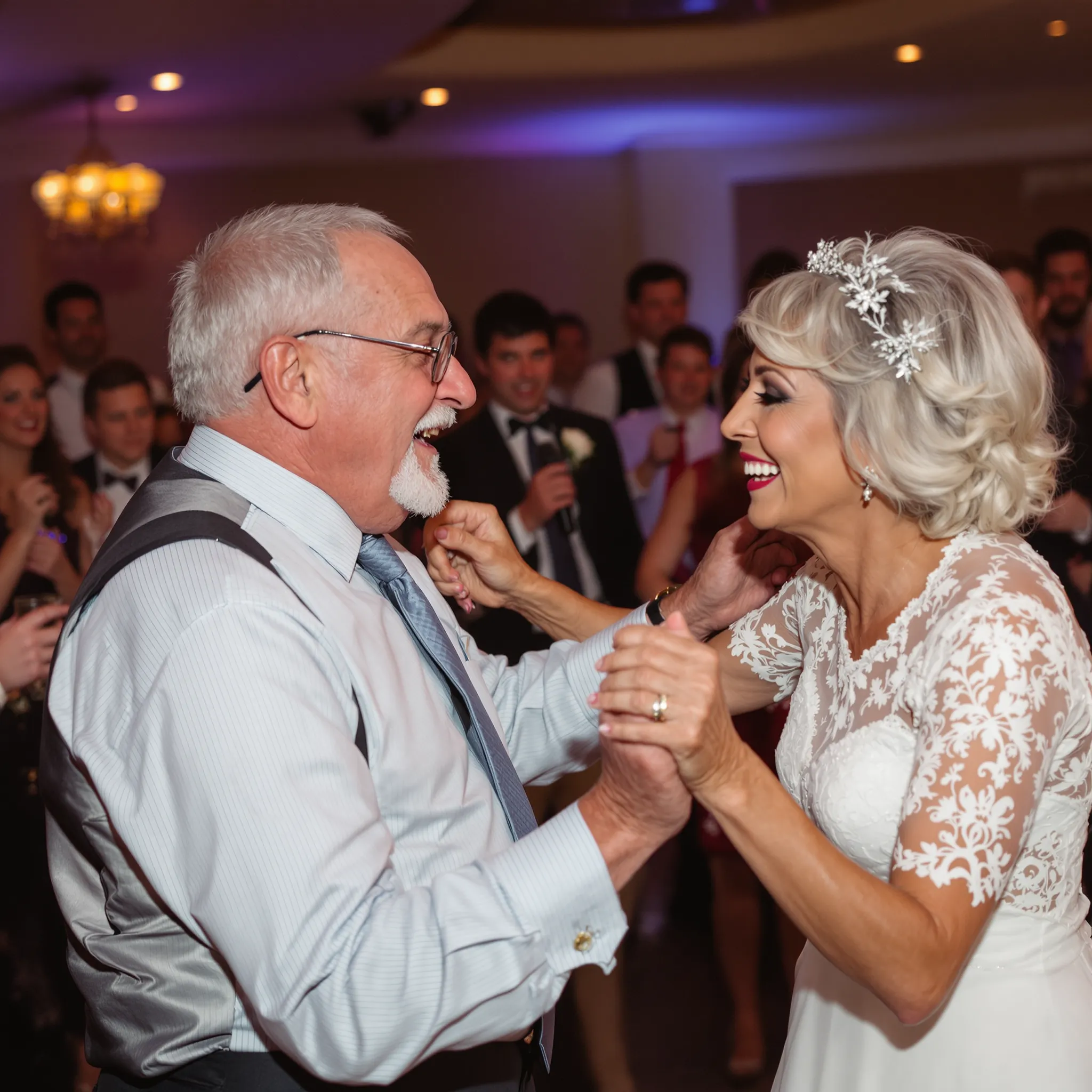 An elderly couple dancing at a wedding.