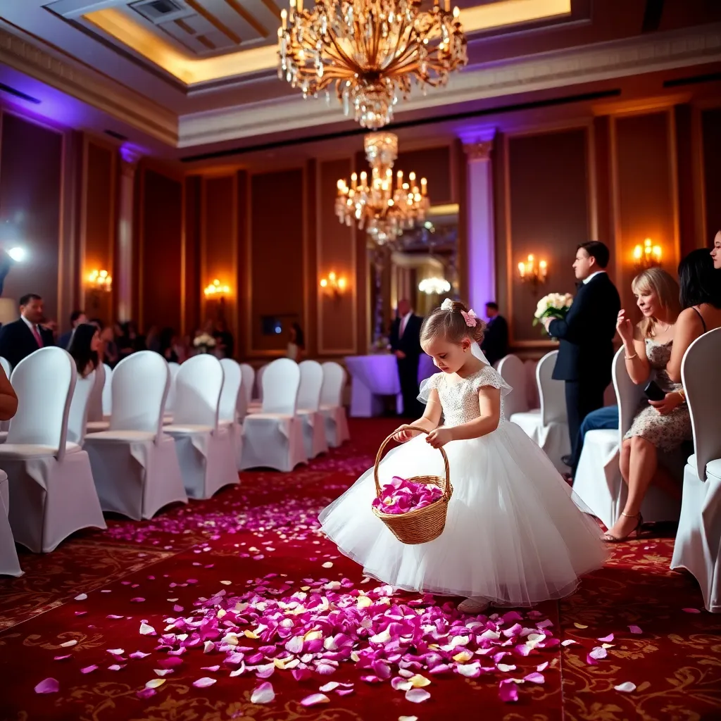 A bride in a white gown walking down an aisle covered in pink flower petals, with guests seated on either side.