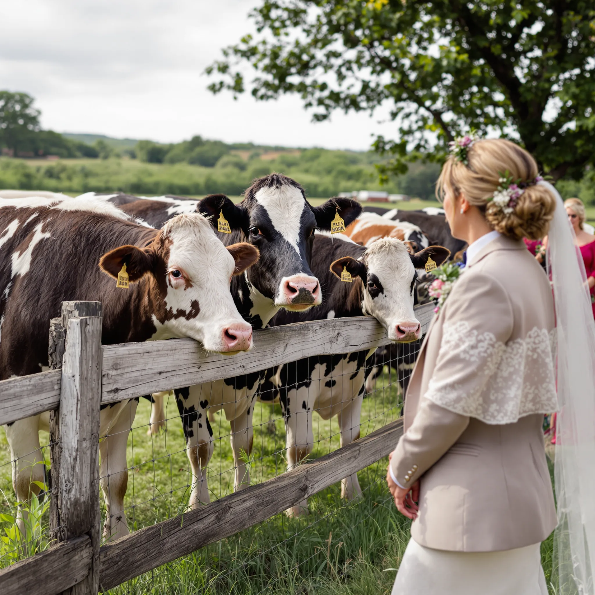 A bride and groom looking at cows over a fence.