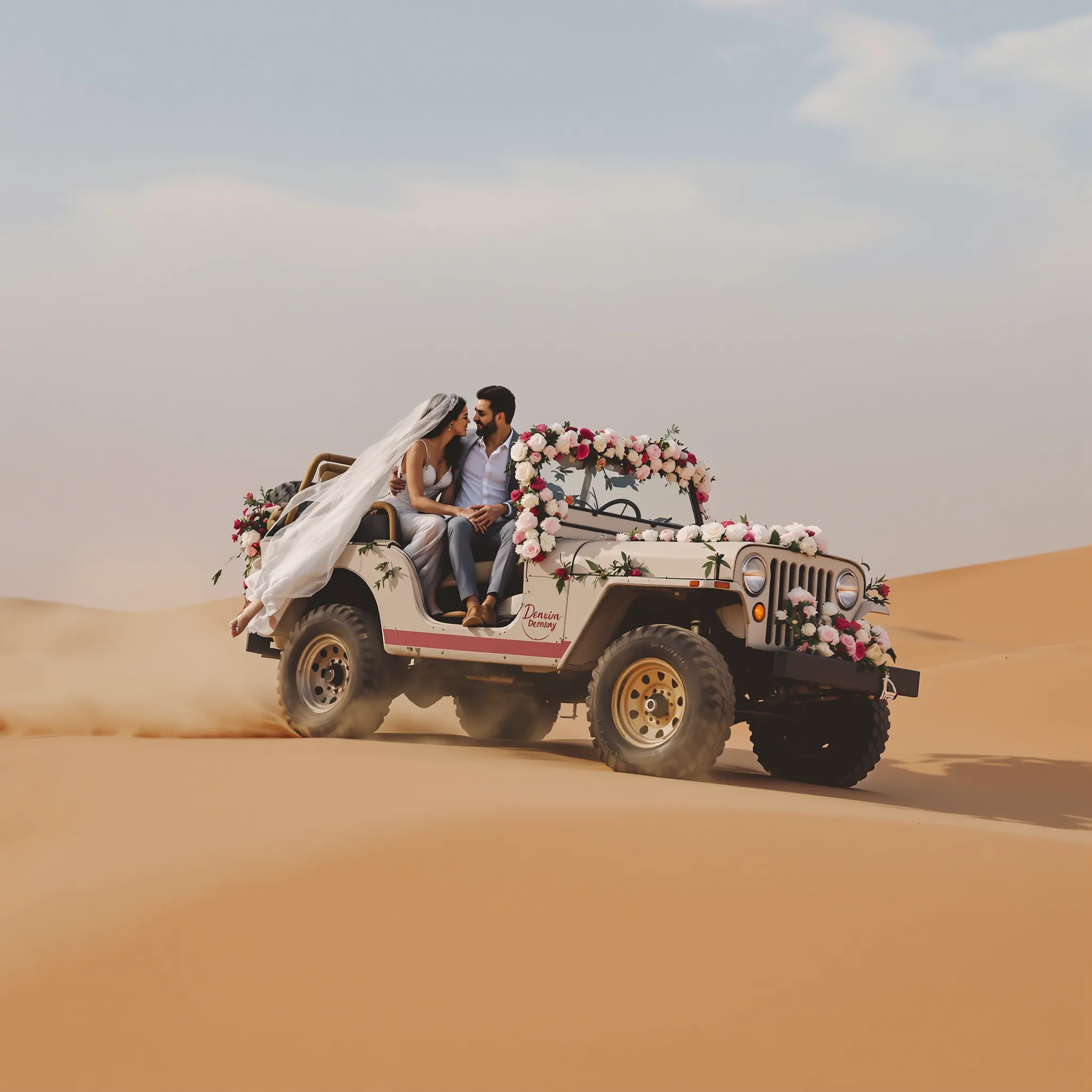 A couple riding in a jeep through a desert landscape.