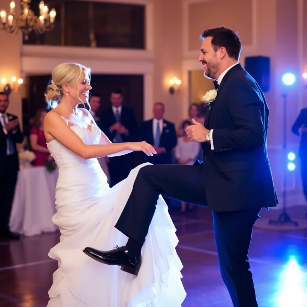 A bride and groom dancing at their wedding reception.