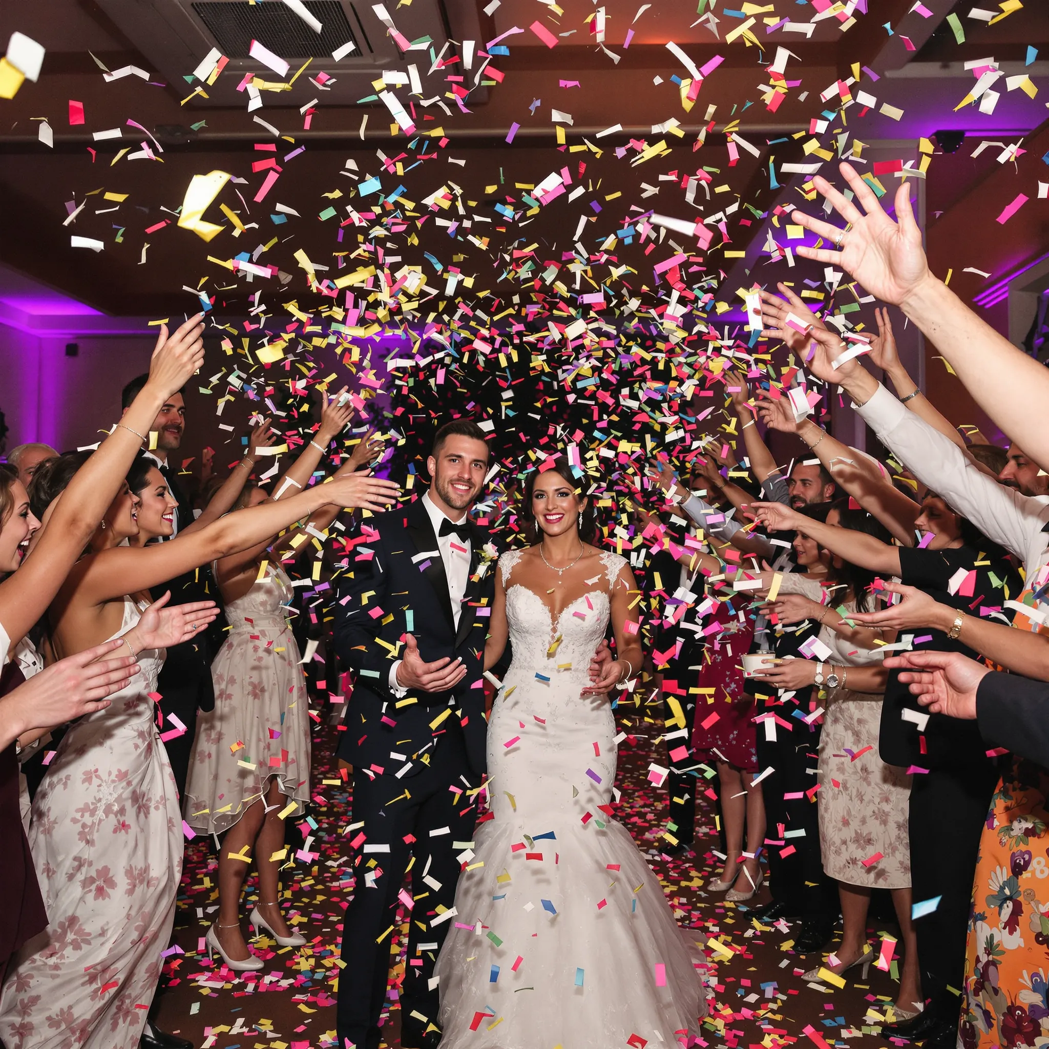 A wedding party throwing confetti over the bride and groom.