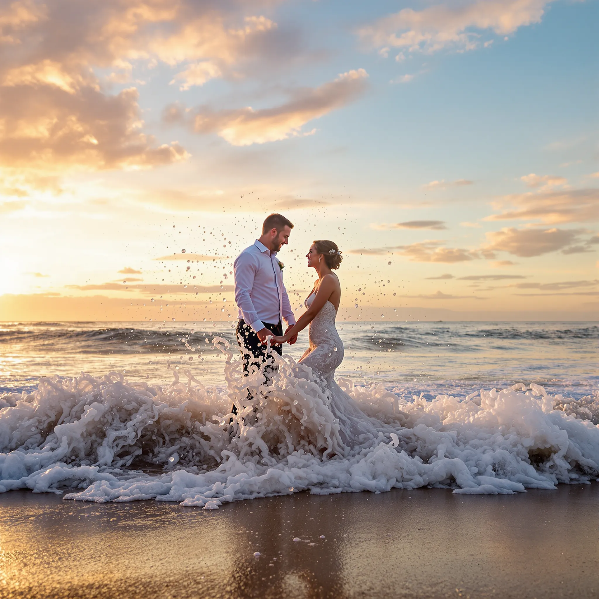 A bride and groom standing in the ocean at sunset.