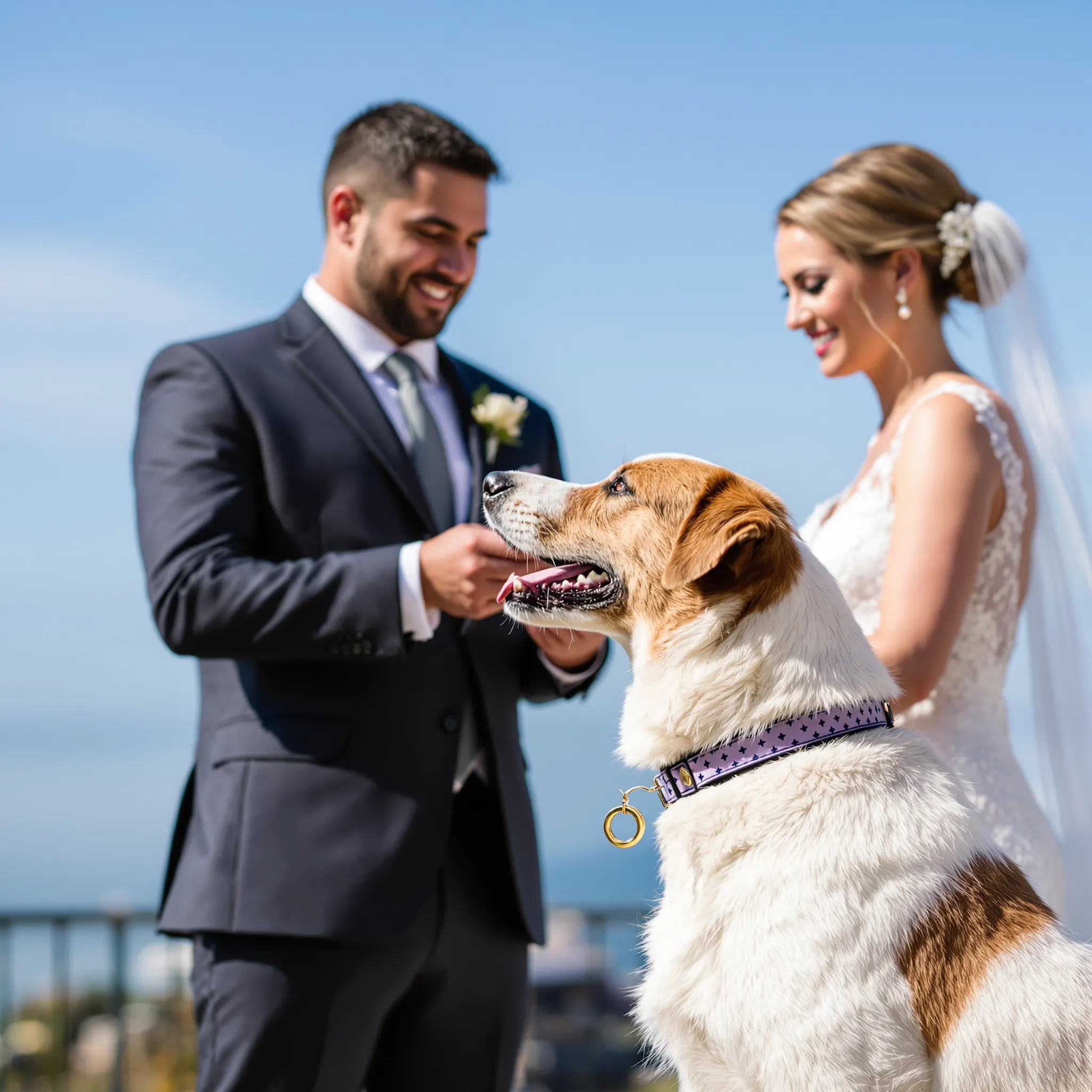 A bride and groom smiling at a dog.
